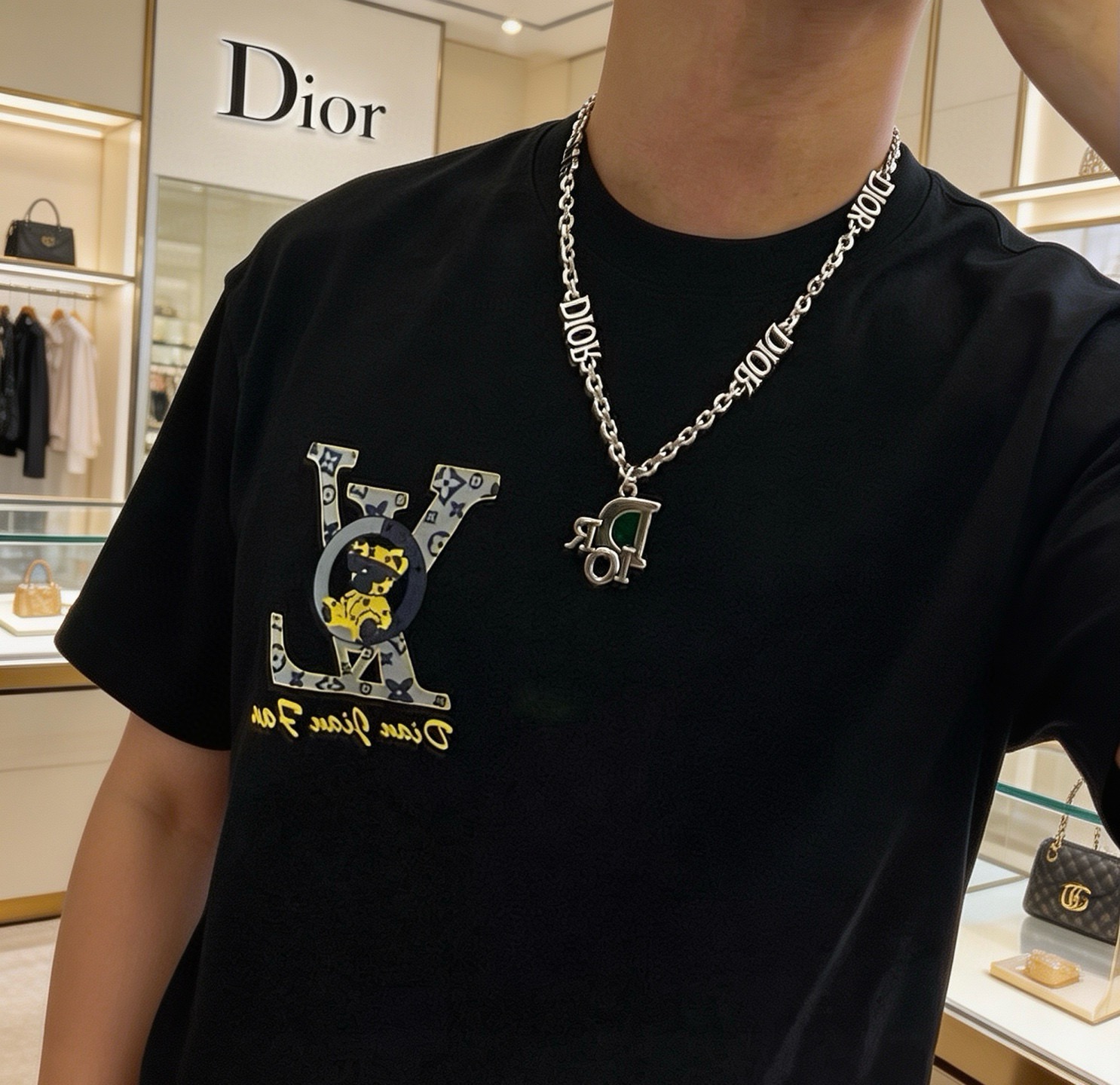 Dior DIOR Logo Charm Chain Necklace necklace Silver-toned metal with green enamel accent 60cm