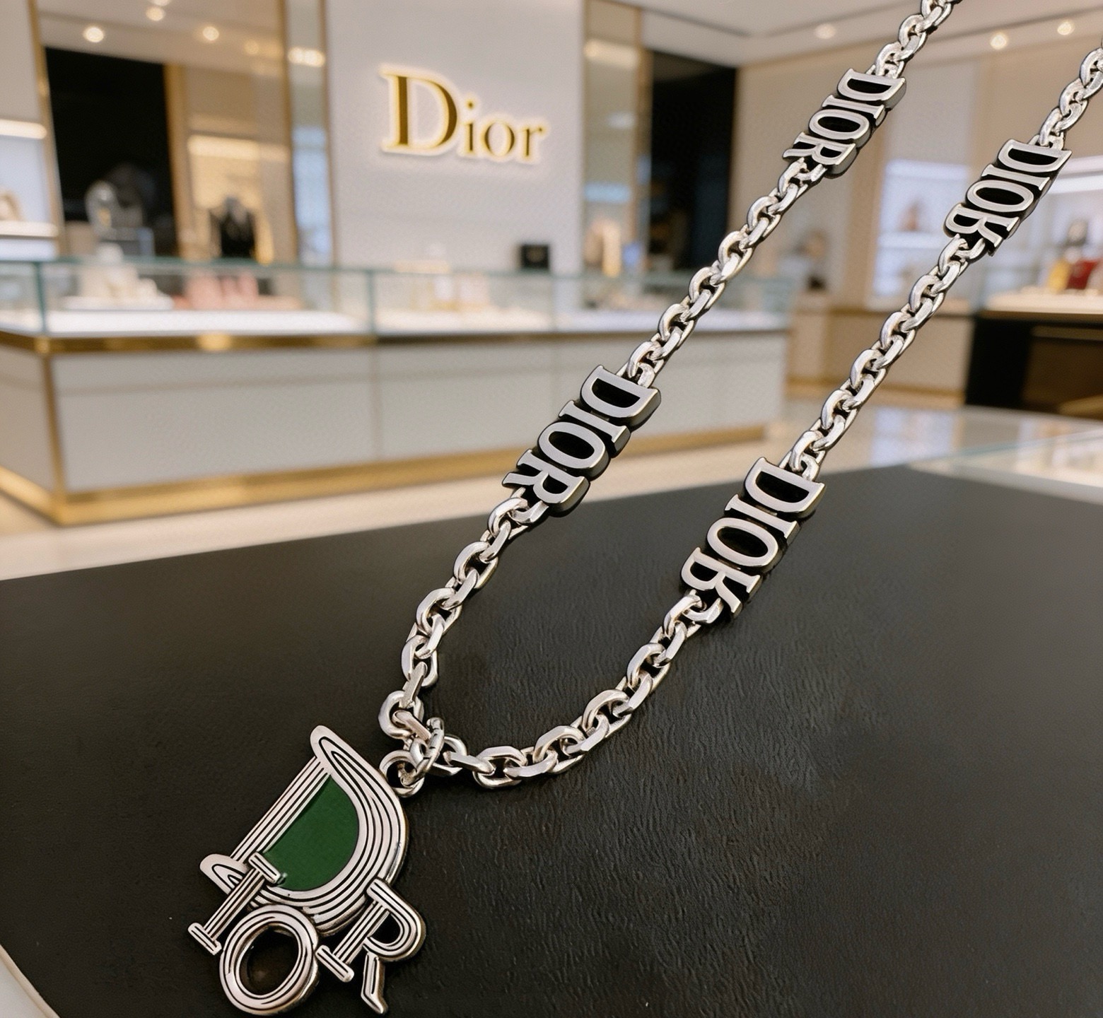Dior DIOR Logo Charm Chain Necklace necklace Silver-toned metal with green enamel accent 60cm