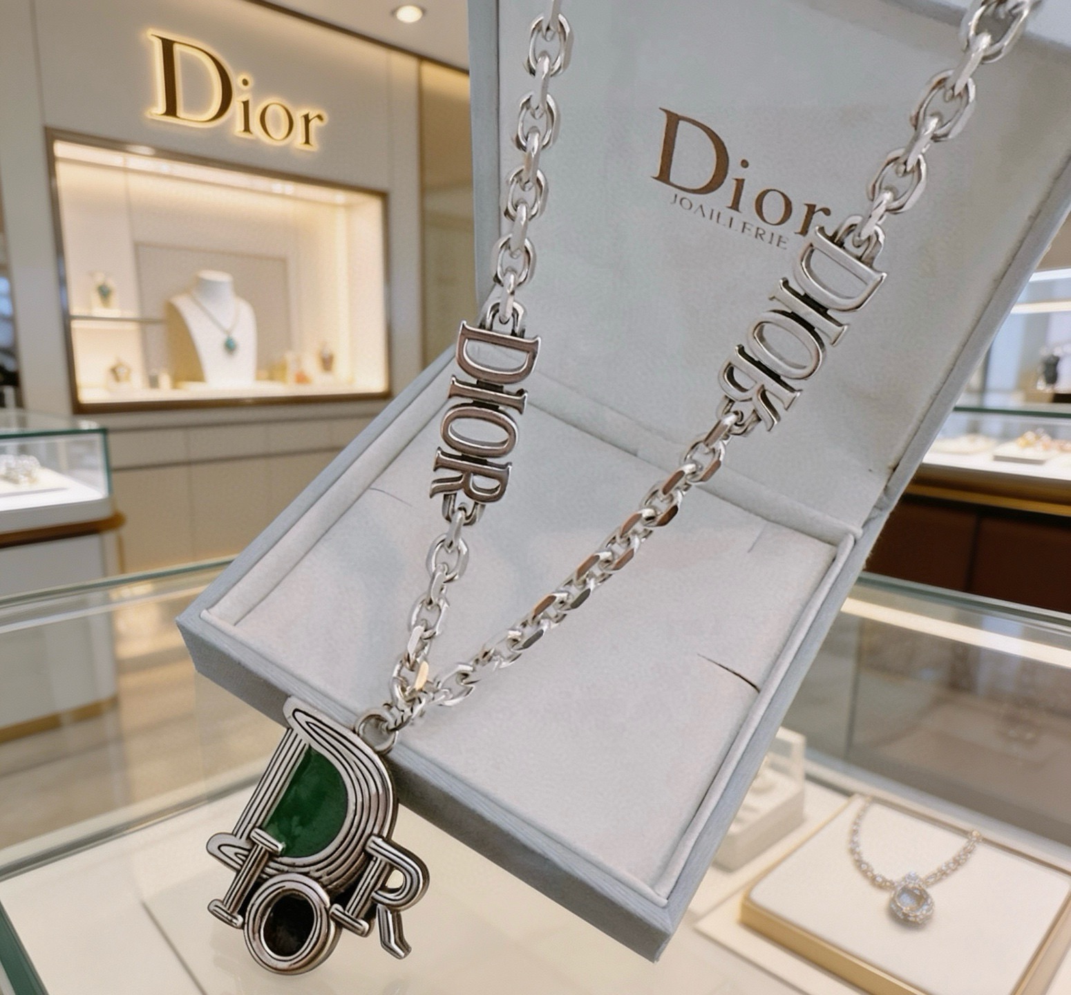 Dior DIOR Logo Charm Chain Necklace necklace Silver-toned metal with green enamel accent 60cm