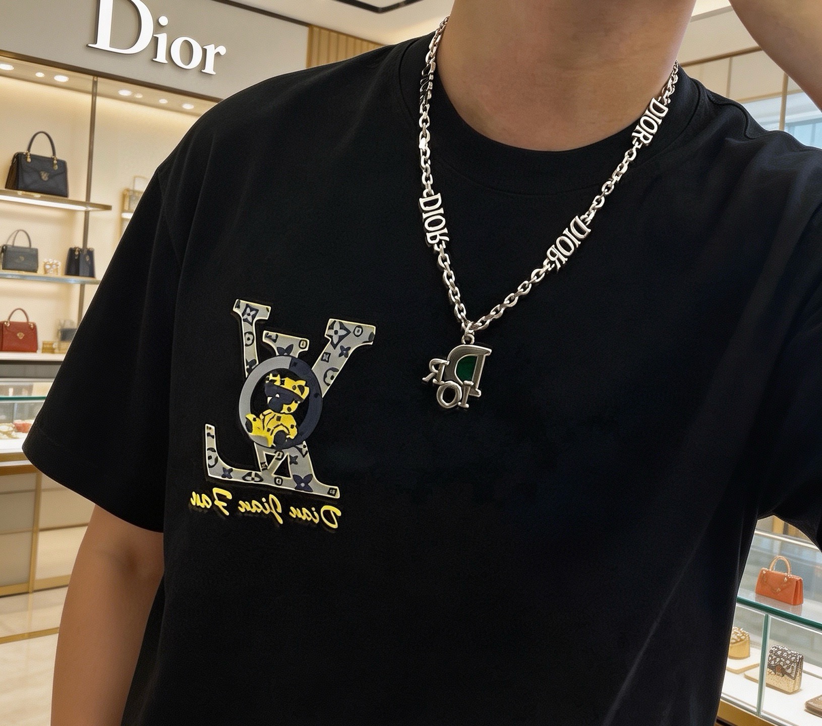 Dior DIOR Logo Charm Chain Necklace necklace Silver-toned metal with green enamel accent 60cm
