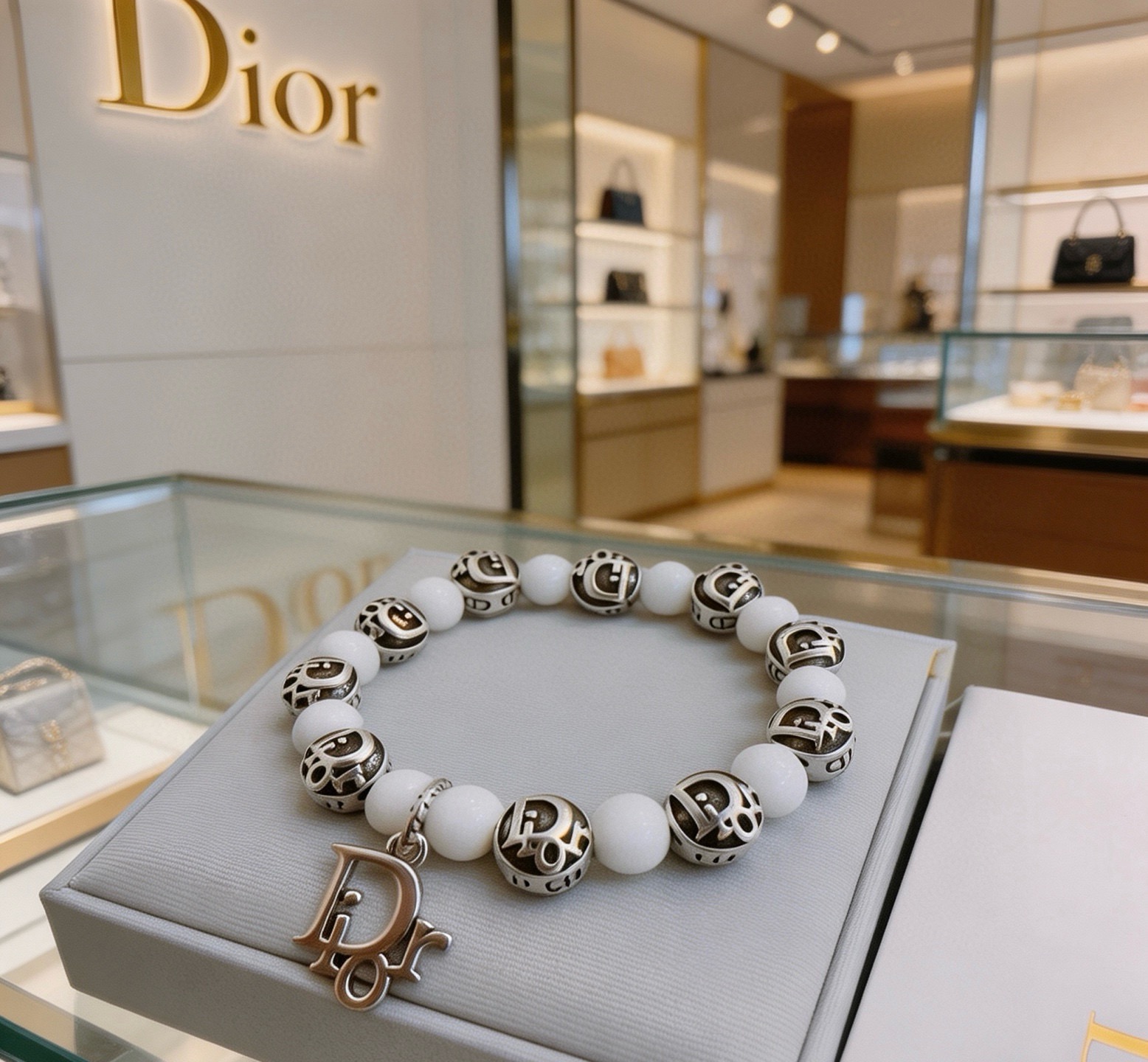 Dior Dior Logo Beaded Charm Bracelet bracelet Antique silver-toned metal with white smooth round beads 18cm