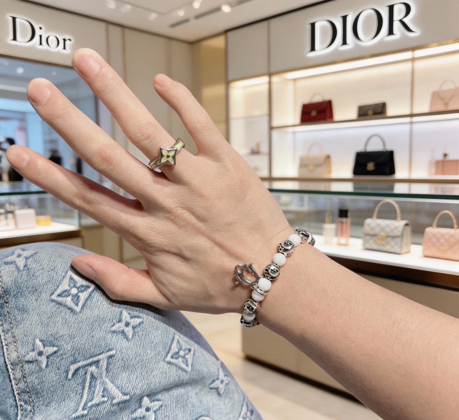 Dior Dior Logo Beaded Charm Bracelet bracelet Antique silver-toned metal with white smooth round beads 18cm