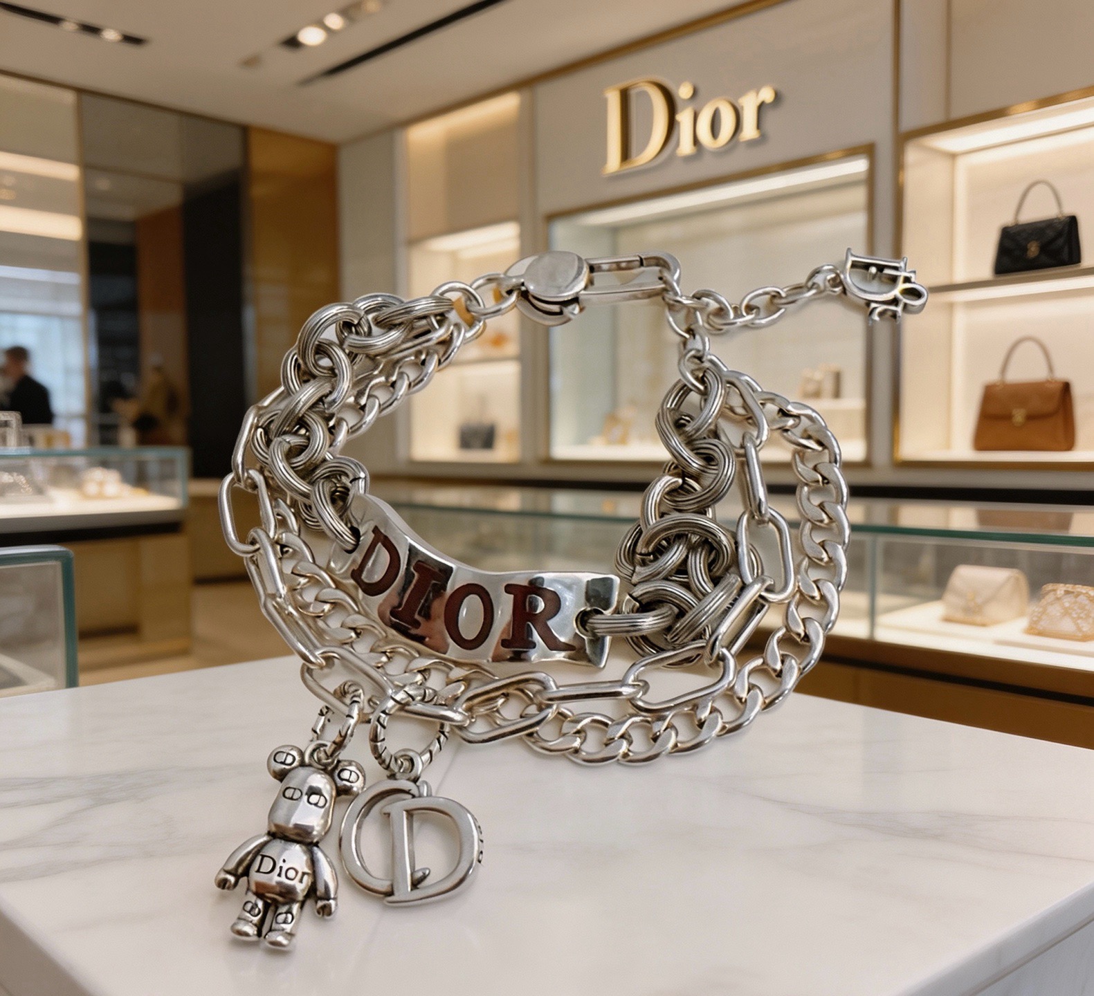 Dior DIOR Bear Charm Multi-Chain Bracelet bracelet Silver-toned metal with brown enamel lettering 19cm