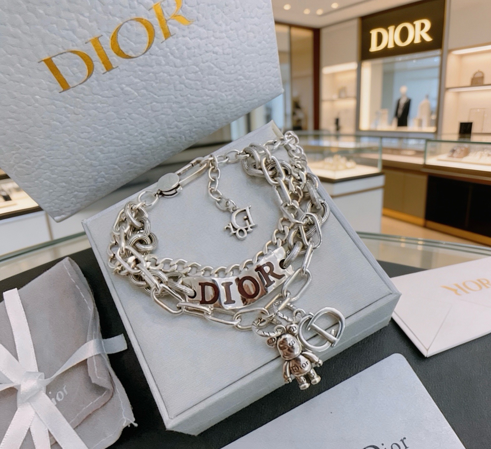 Dior DIOR Bear Charm Multi-Chain Bracelet bracelet Silver-toned metal with brown enamel lettering 19cm