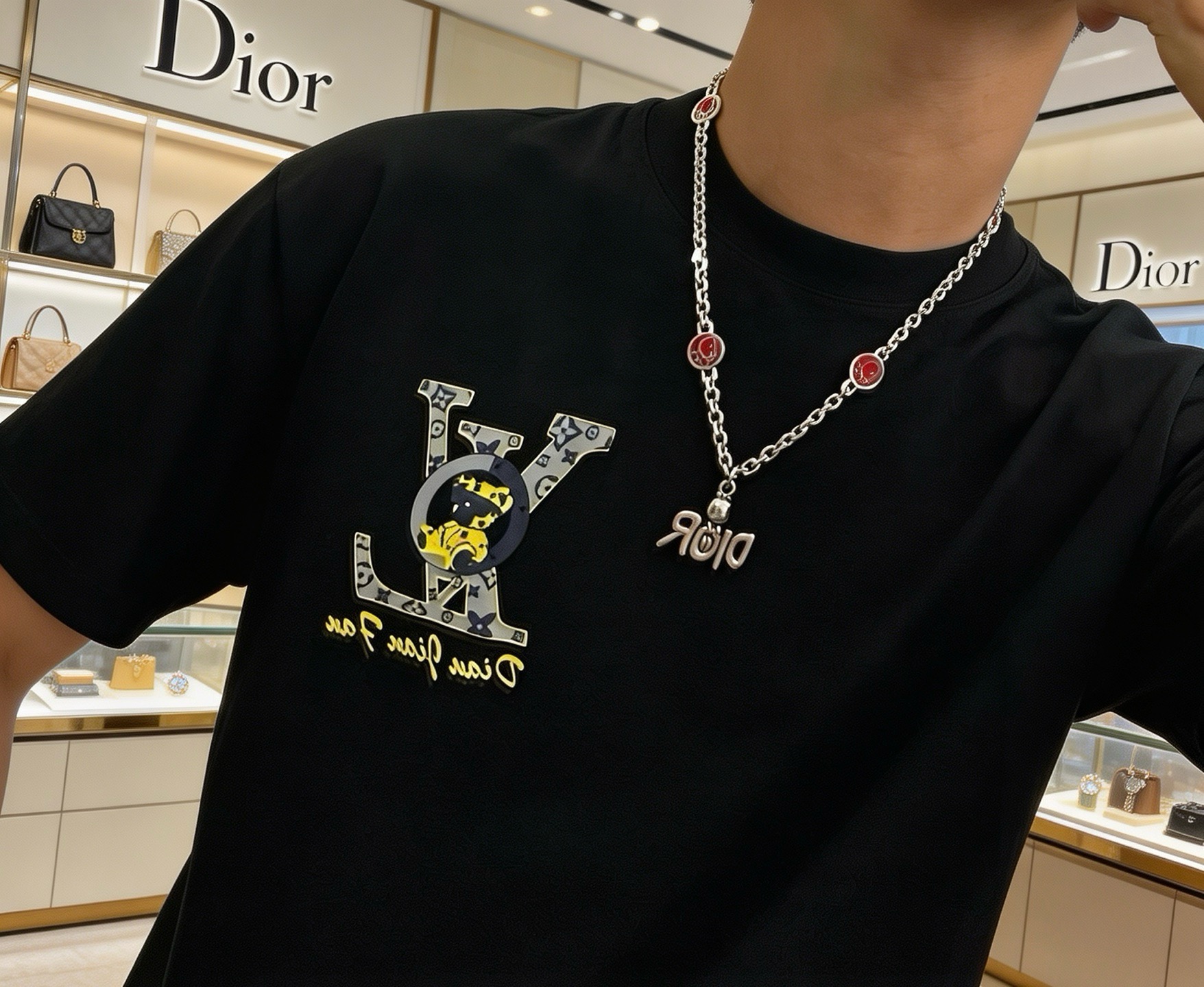 Dior Logo Charm Enamel Chain Necklace necklace Silver-toned metal with red enamel accents 50cm