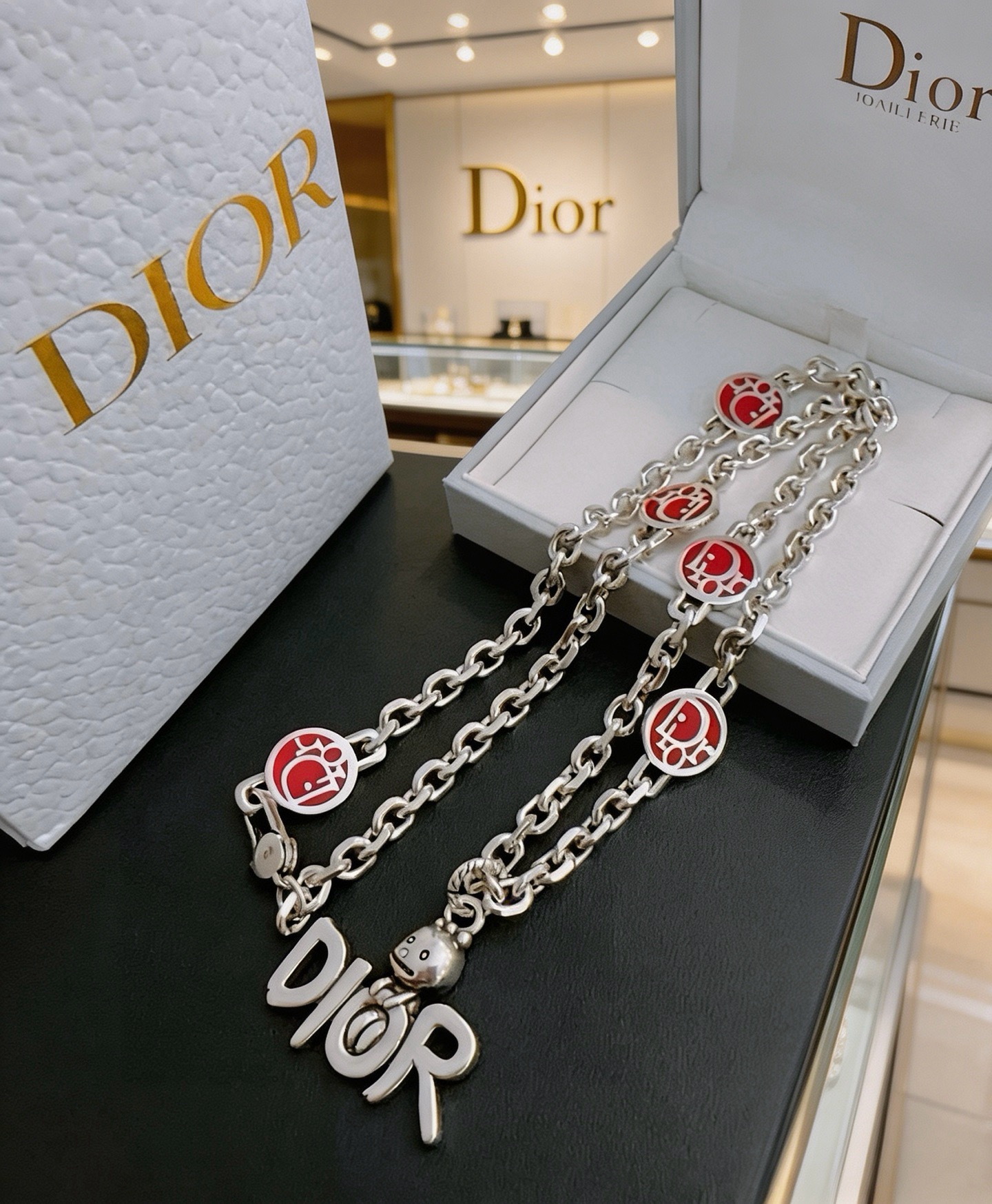 Dior Logo Charm Enamel Chain Necklace necklace Silver-toned metal with red enamel accents 50cm