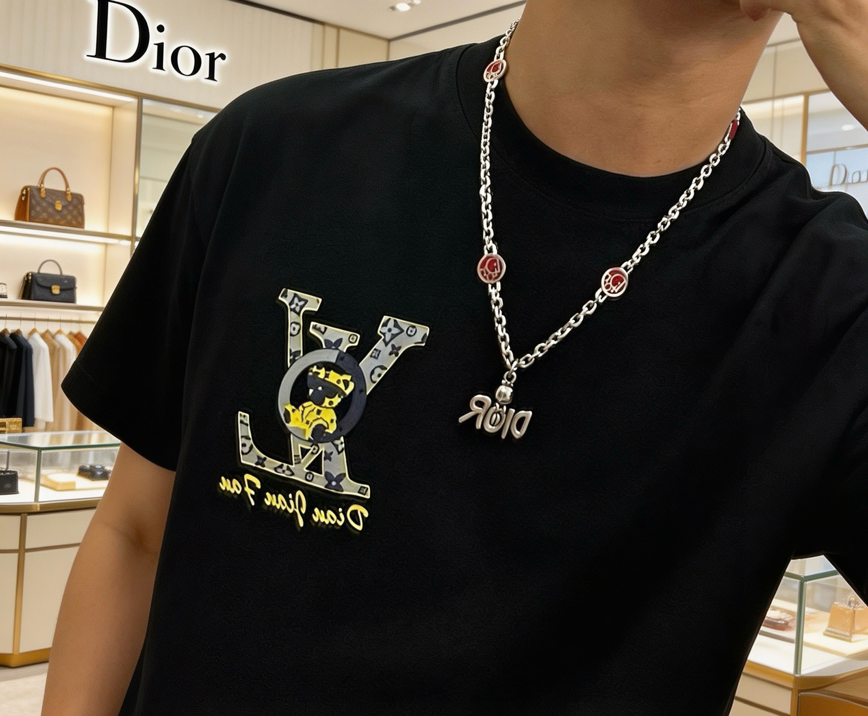 Dior Logo Charm Enamel Chain Necklace necklace Silver-toned metal with red enamel accents 50cm