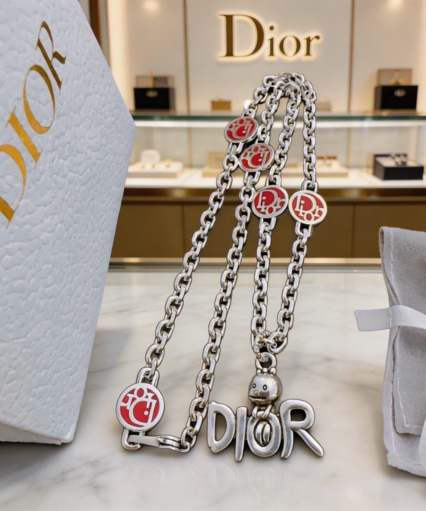 Dior Logo Charm Enamel Chain Necklace necklace Silver-toned metal with red enamel accents 50cm