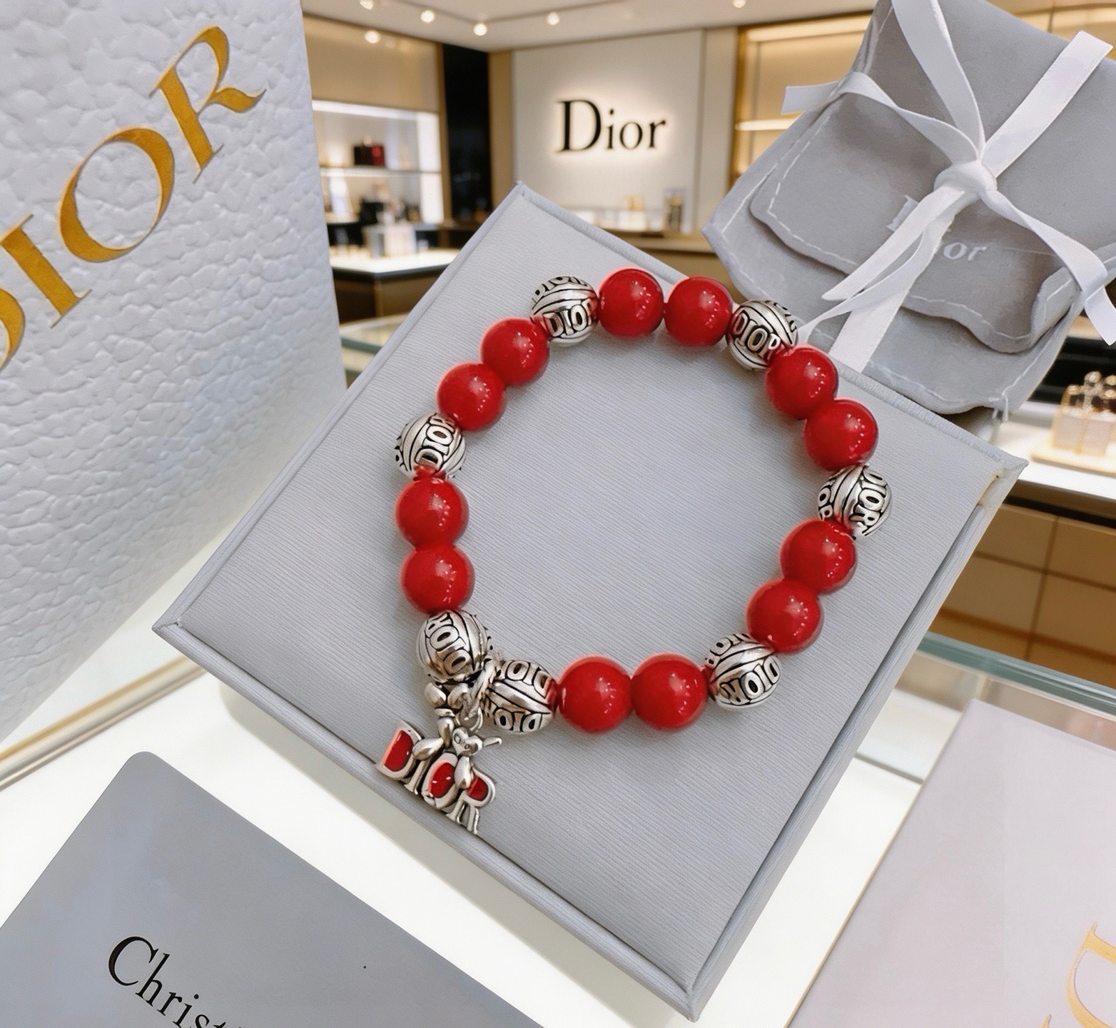 Dior Dior Logo Charm Beaded Bracelet bracelet Silver-tone metal with red enamel and red beaded stones 18cm