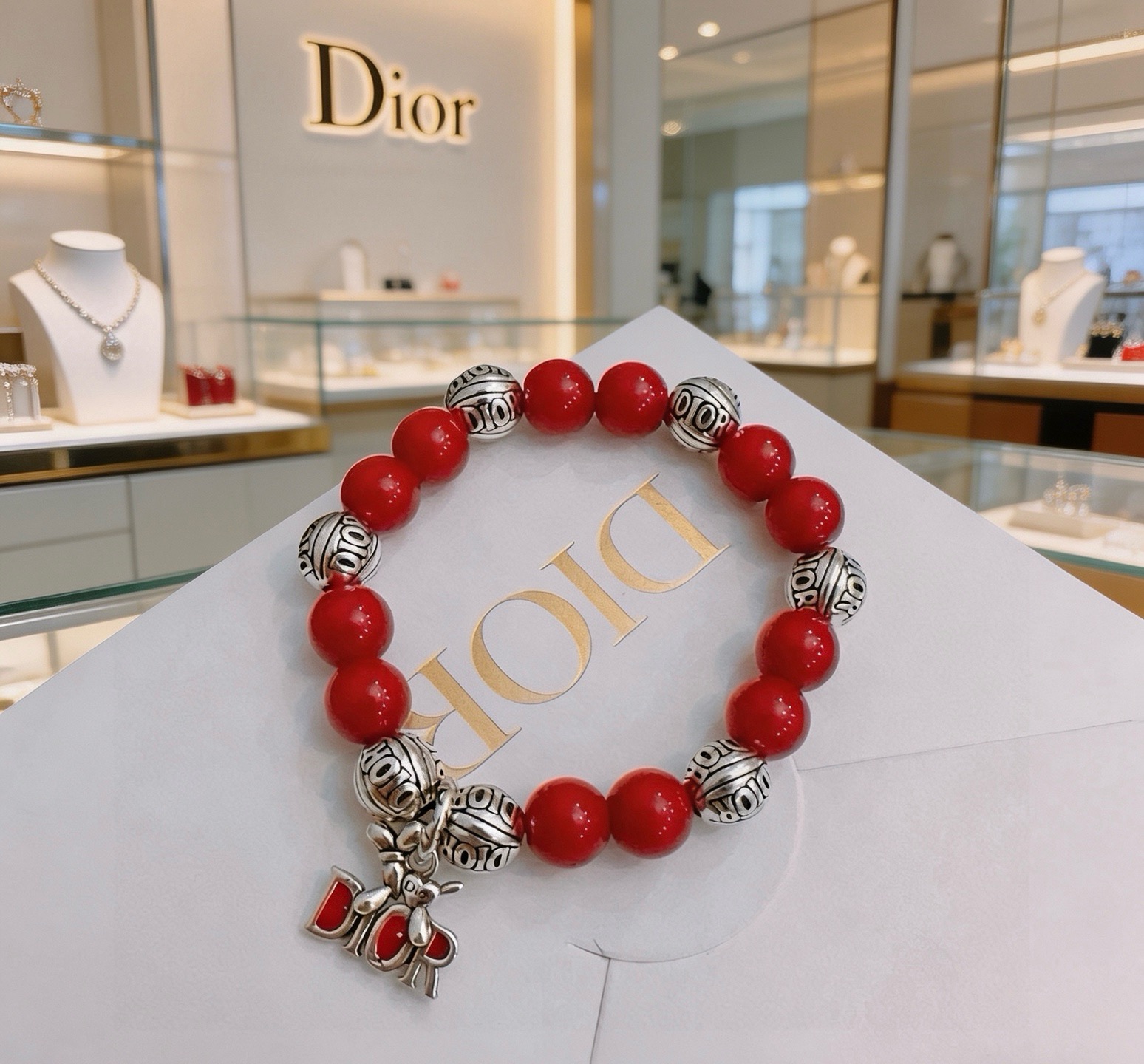 Dior Dior Logo Charm Beaded Bracelet bracelet Silver-tone metal with red enamel and red beaded stones 18cm