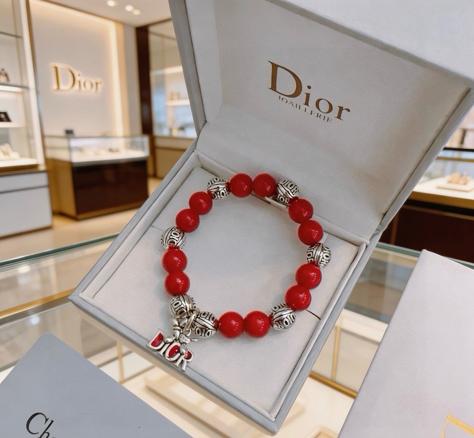 Dior Dior Logo Charm Beaded Bracelet bracelet Silver-tone metal with red enamel and red beaded stones 18cm