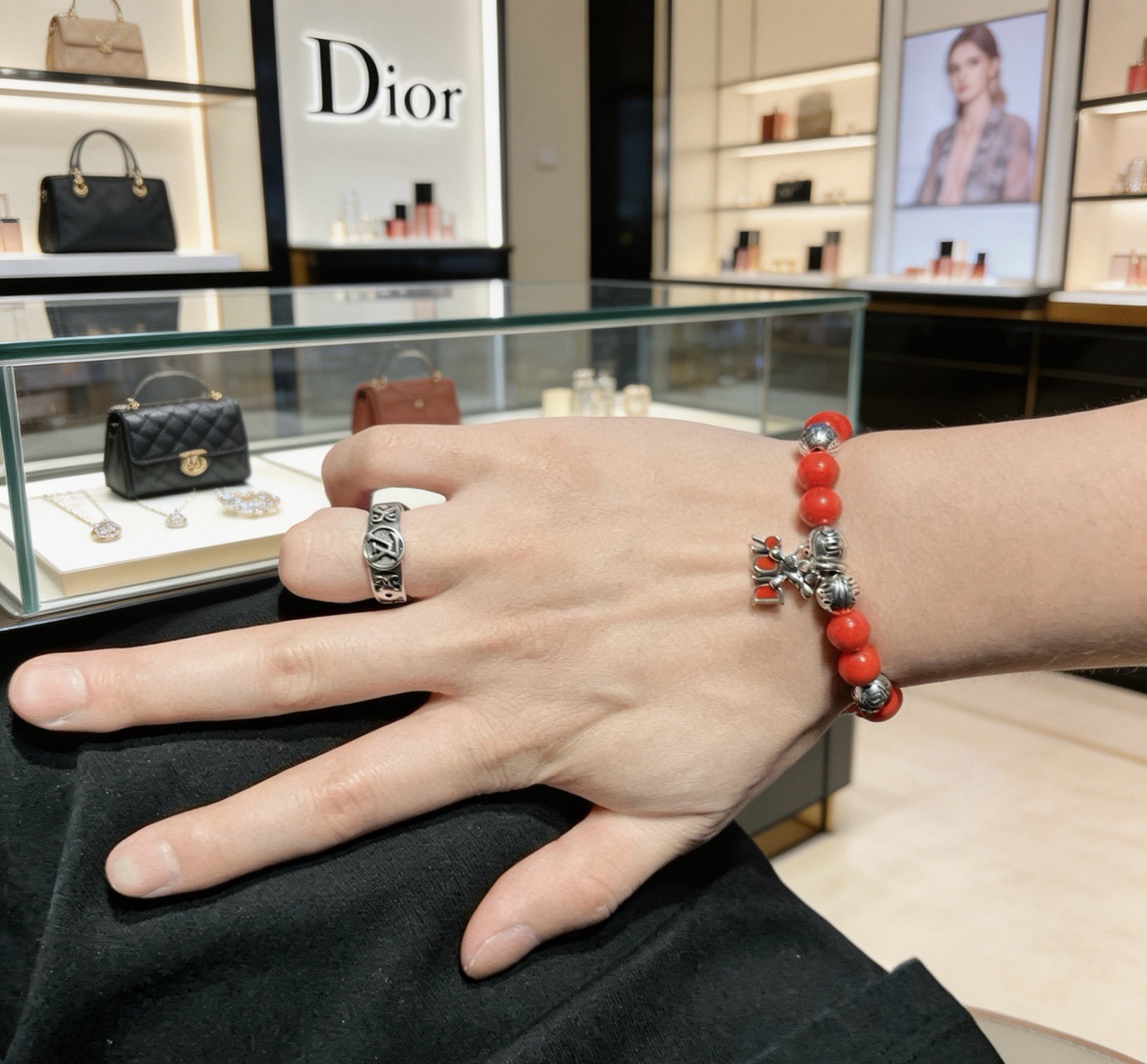 Dior Dior Logo Charm Beaded Bracelet bracelet Silver-tone metal with red enamel and red beaded stones 18cm