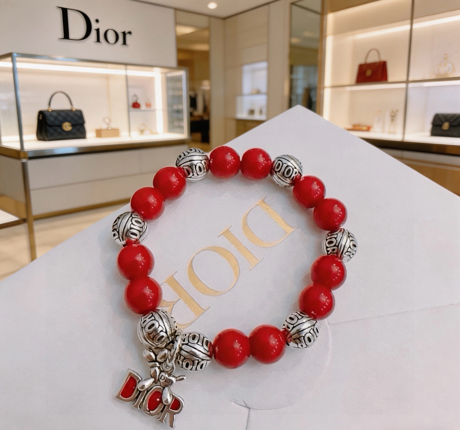 Dior Dior Logo Charm Beaded Bracelet bracelet Silver-tone metal with red enamel and red beaded stones 18cm
