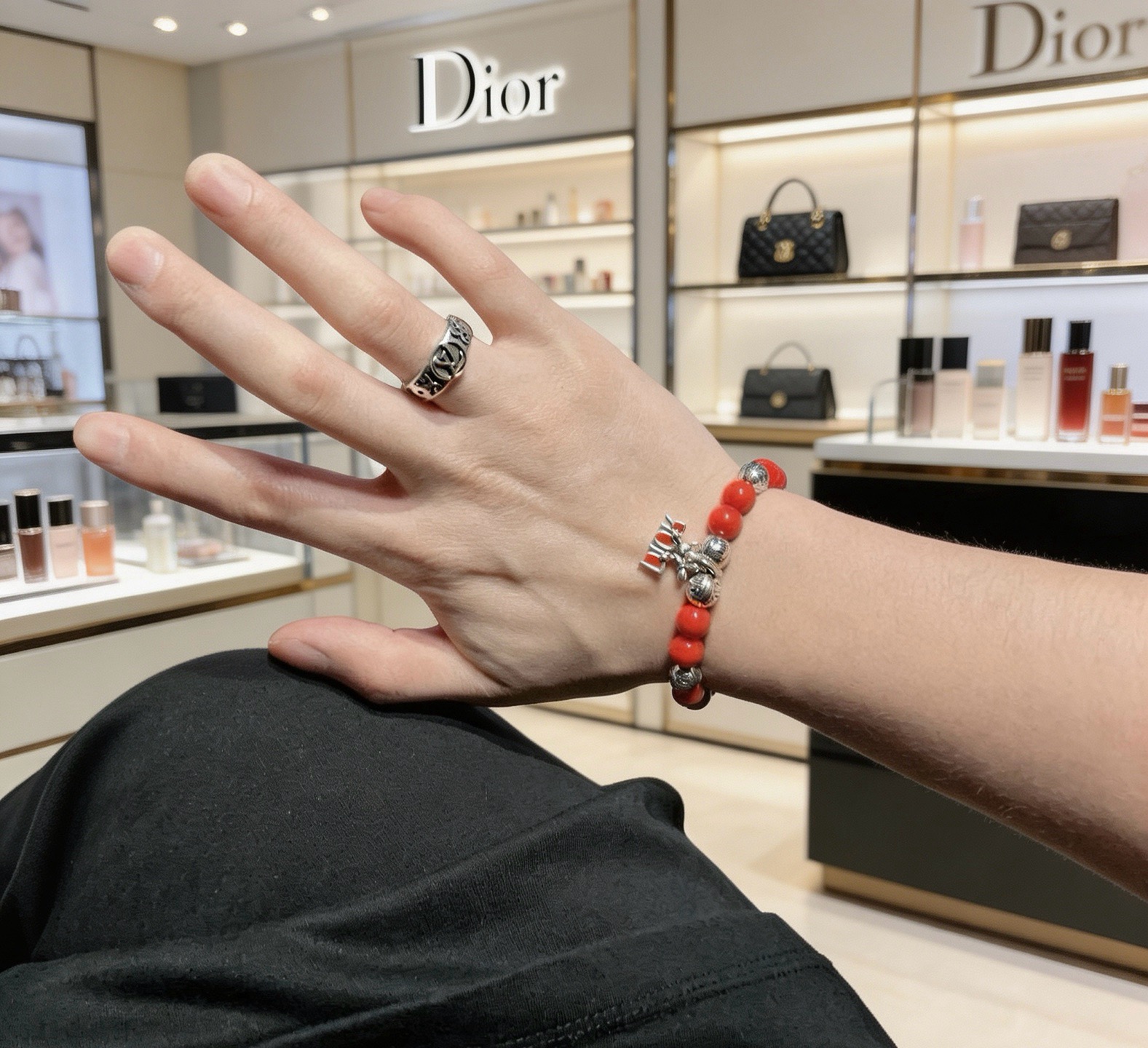Dior Dior Logo Charm Beaded Bracelet bracelet Silver-tone metal with red enamel and red beaded stones 18cm