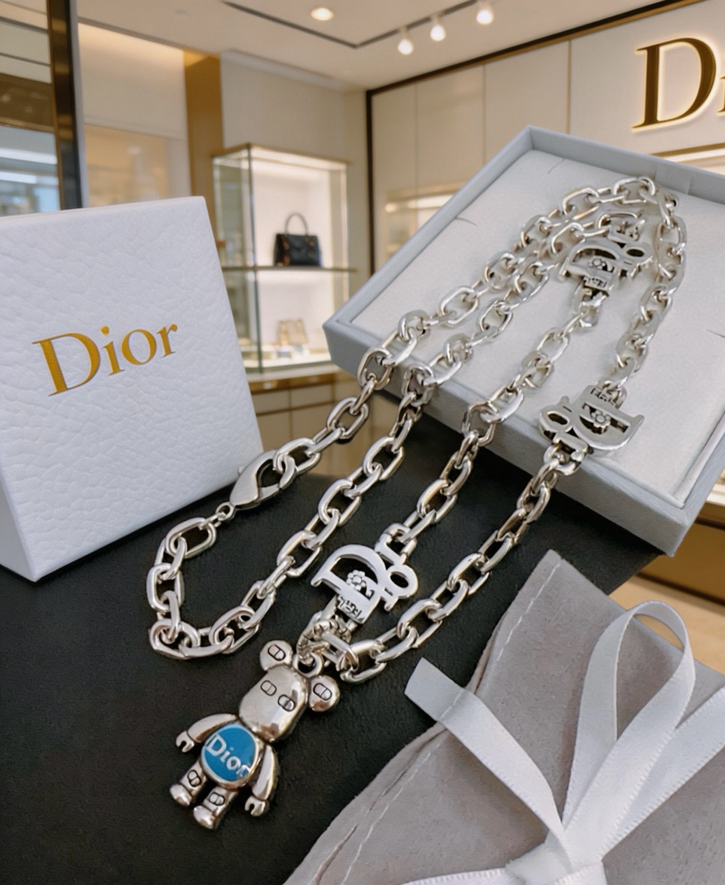 Dior Bearbrick Charm Chain Necklace necklace silver-toned metal with blue enamel accent 60cm