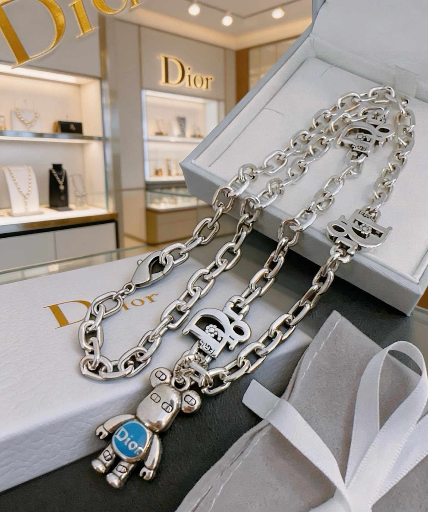 Dior Bearbrick Charm Chain Necklace necklace silver-toned metal with blue enamel accent 60cm