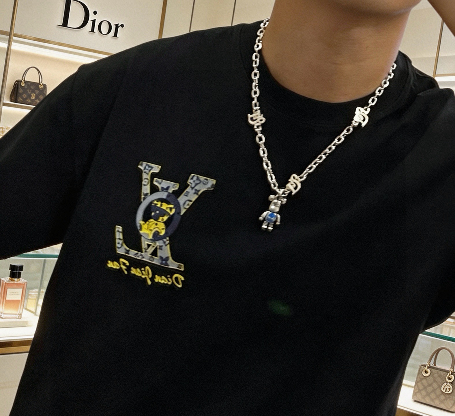 Dior Bearbrick Charm Chain Necklace necklace silver-toned metal with blue enamel accent 60cm