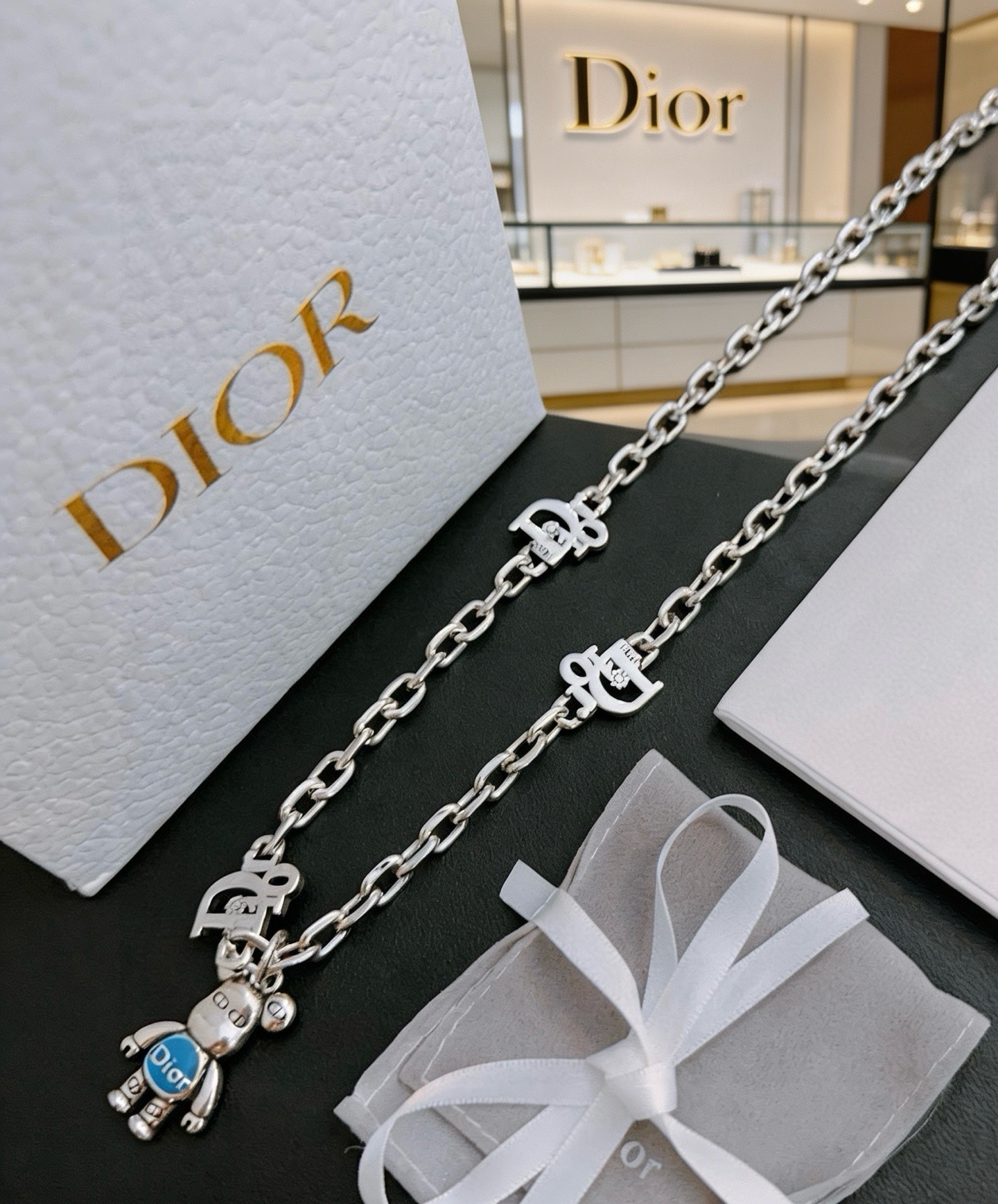 Dior Bearbrick Charm Chain Necklace necklace silver-toned metal with blue enamel accent 60cm