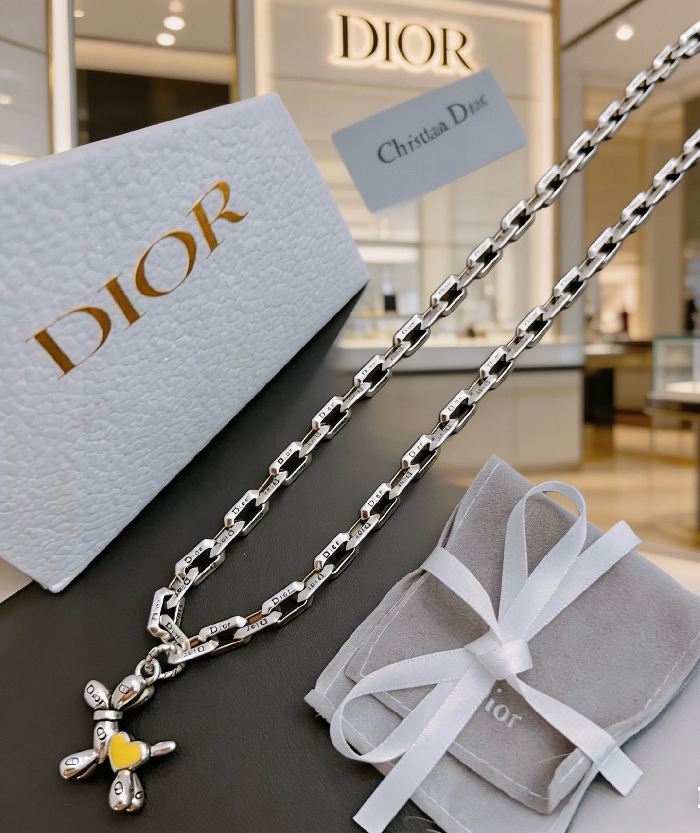 Dior Balloon Dog Pendant Chain necklace Silver-toned metal with yellow enamel heart accent 50cm