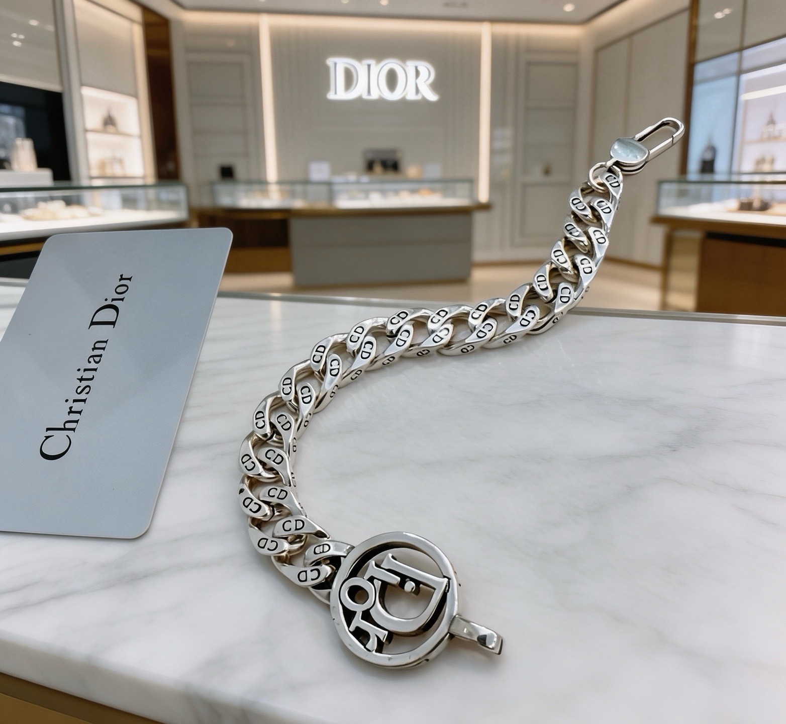 Dior CD Icon Cuban Chain Bracelet bracelet Silver-toned metal with black enamel CD logo detailing 19cm