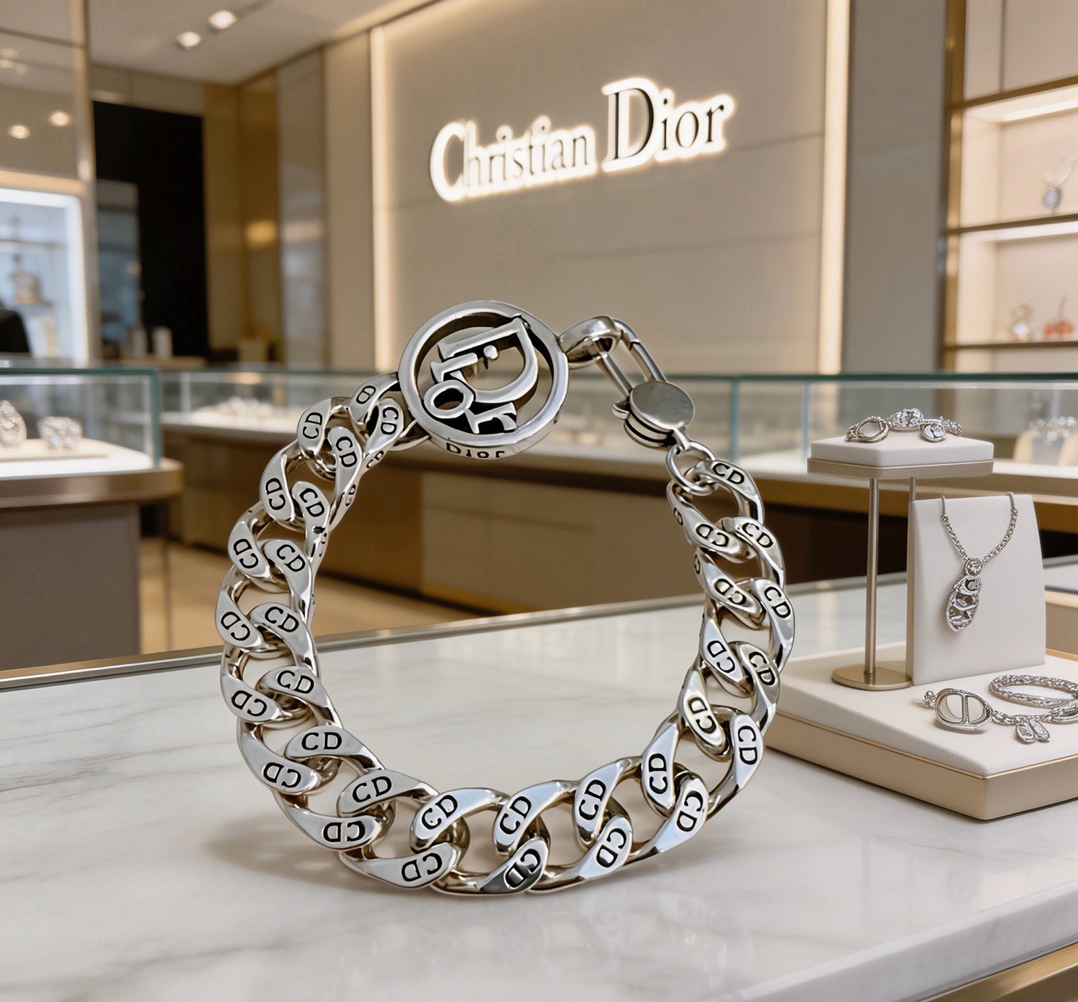 Dior CD Icon Cuban Chain Bracelet bracelet Silver-toned metal with black enamel CD logo detailing 19cm