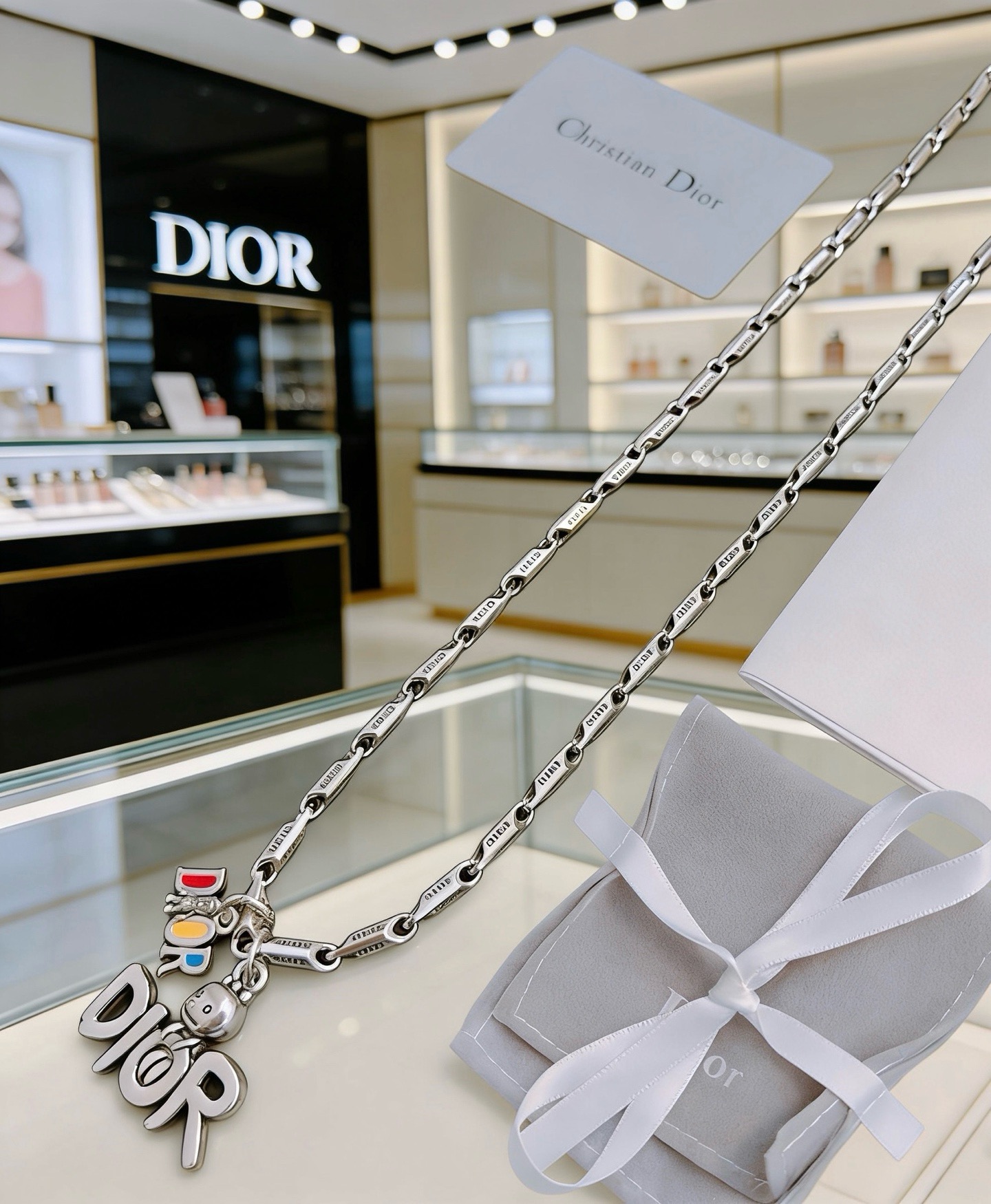 Dior DIOR x KAWS Charm Logo Chain Necklace necklace Silver-toned metal with multicolor enamel accents 60cm