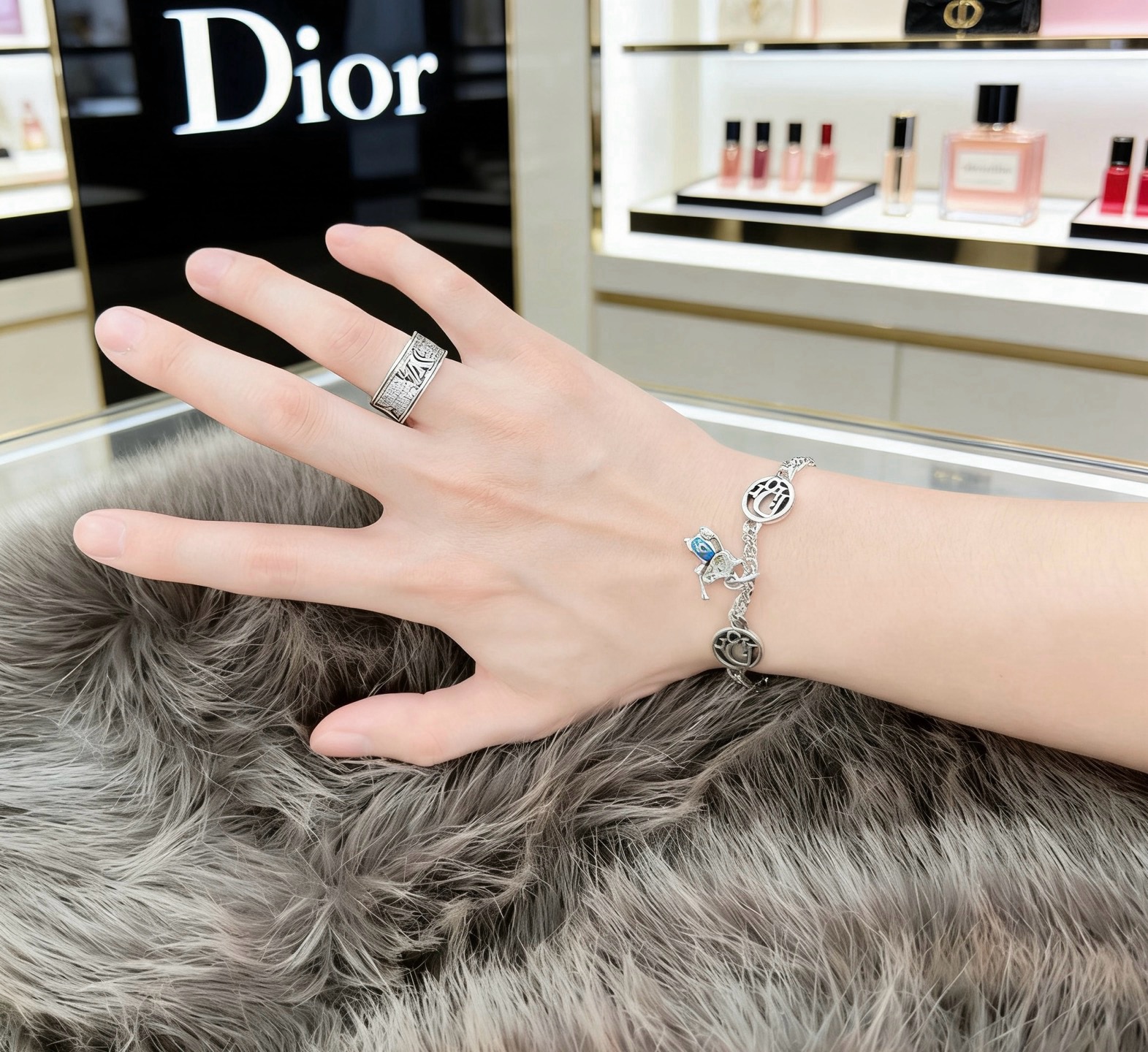 Dior Dior Logo Charm Bracelet with Teddy Bear Charm bracelet Silver-toned metal with blue enamel accent 18cm