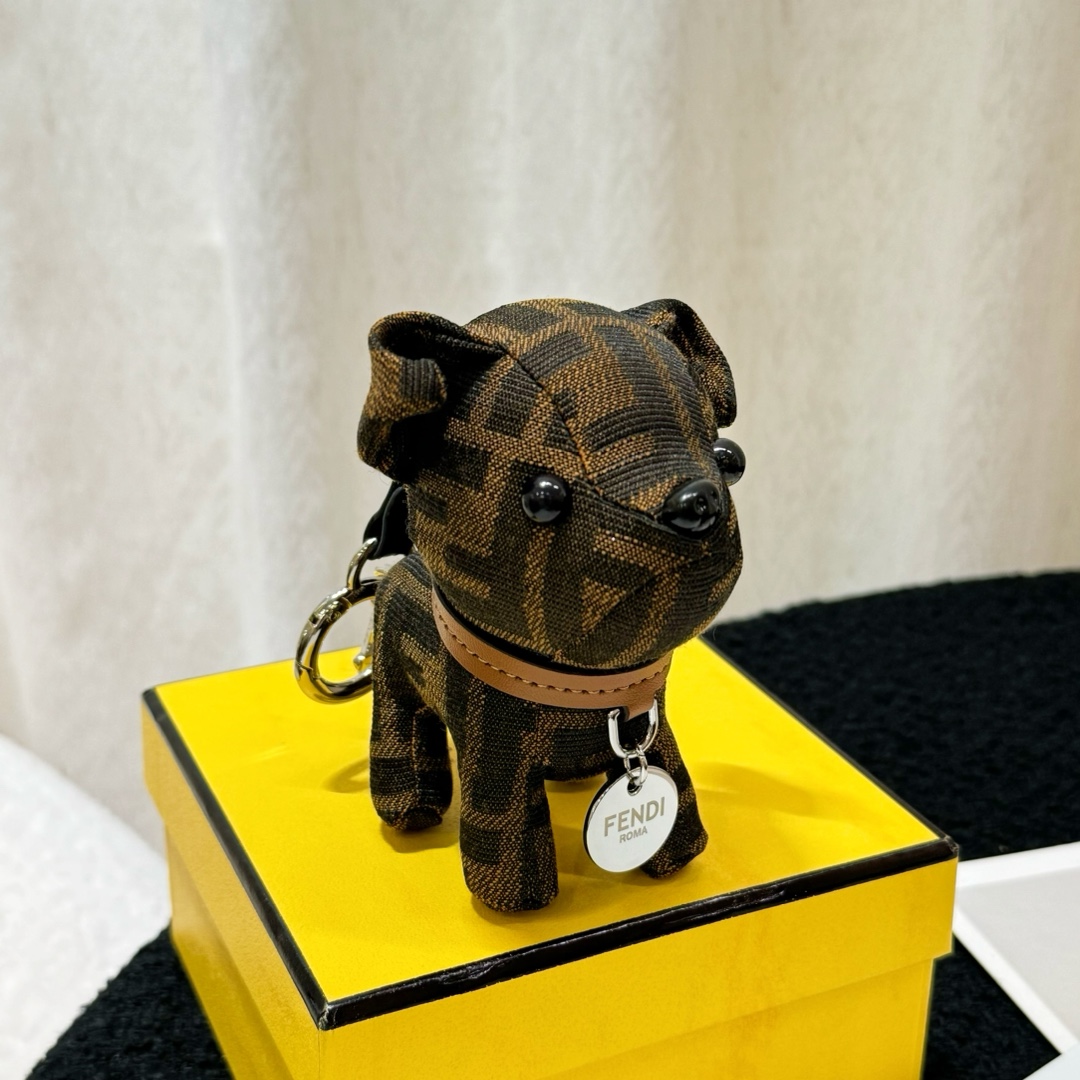 Fendi FF Monogram Dog Bag Charm pendant Tobacco brown and black FF canvas tan leather collar silver-tone metal hardware black enamel accents 10cm charm with 5cm leather strap