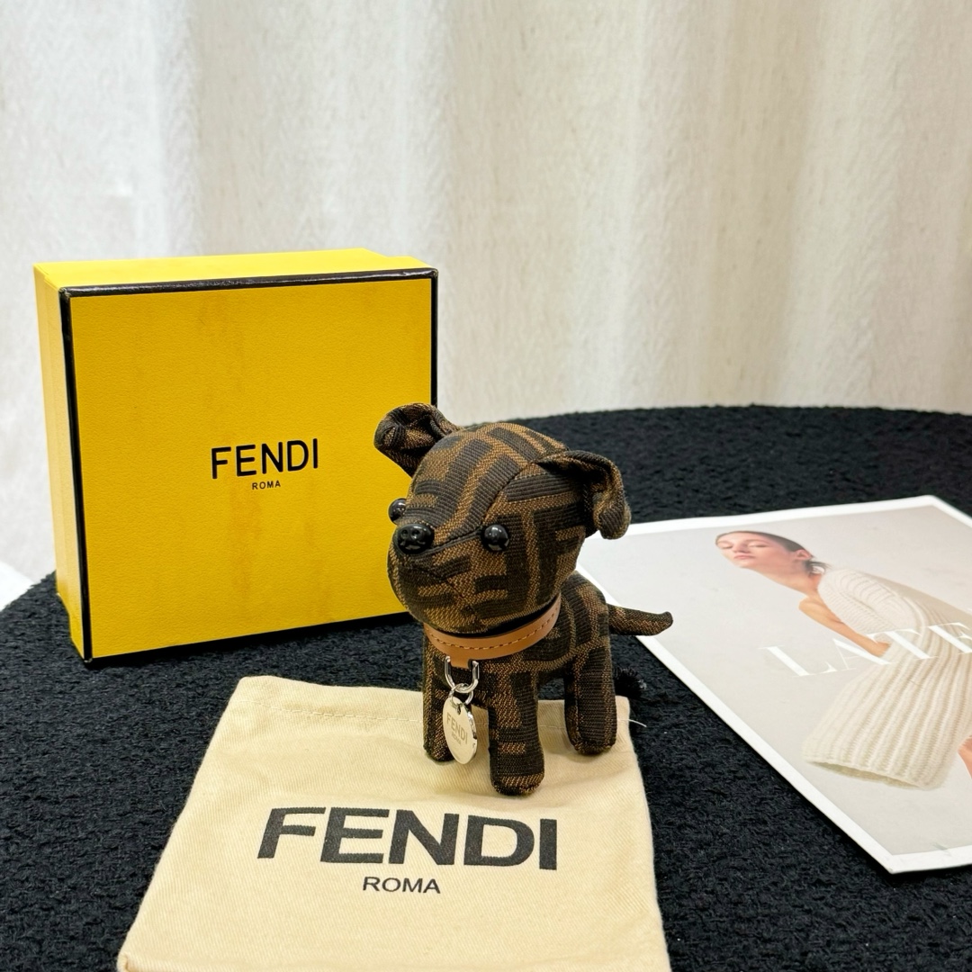 Fendi FF Monogram Dog Bag Charm pendant Tobacco brown and black FF canvas tan leather collar silver-tone metal hardware black enamel accents 10cm charm with 5cm leather strap