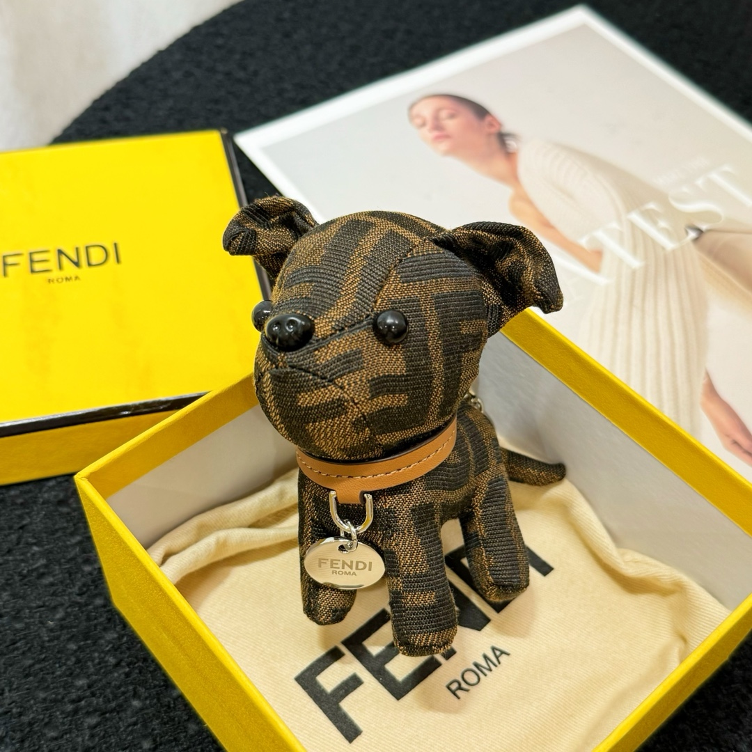 Fendi FF Monogram Dog Bag Charm pendant Tobacco brown and black FF canvas tan leather collar silver-tone metal hardware black enamel accents 10cm charm with 5cm leather strap