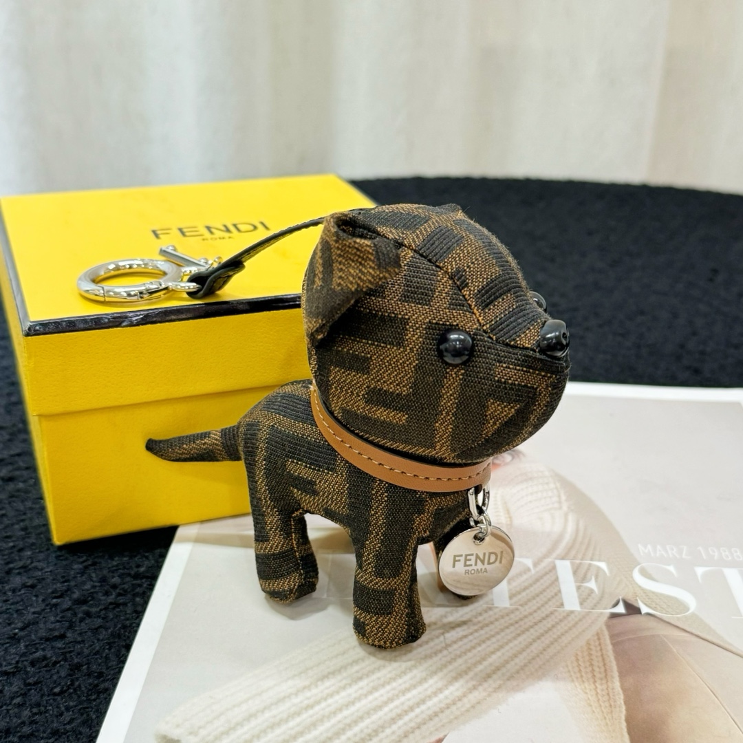 Fendi FF Monogram Dog Bag Charm pendant Tobacco brown and black FF canvas tan leather collar silver-tone metal hardware black enamel accents 10cm charm with 5cm leather strap