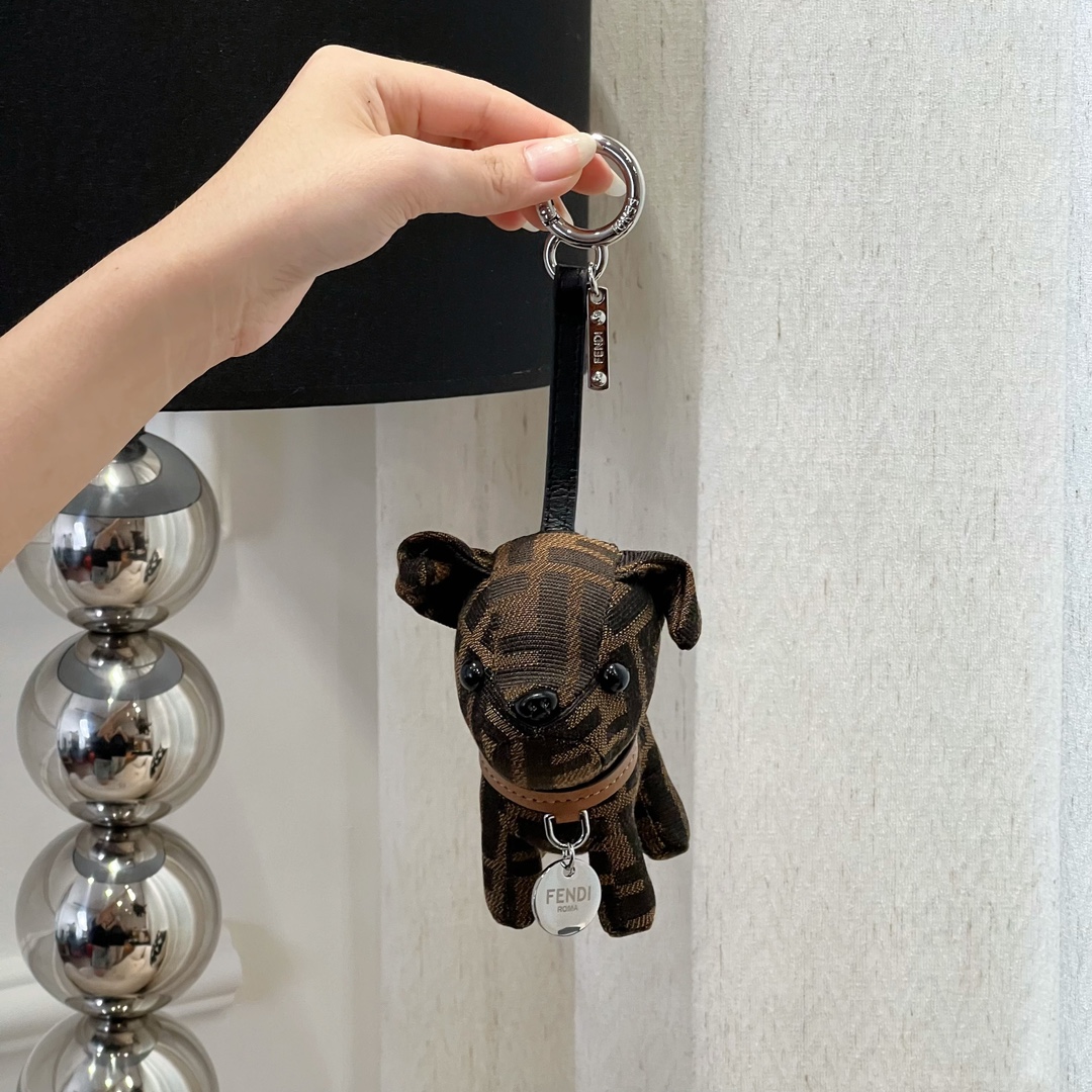 Fendi FF Monogram Dog Bag Charm pendant Tobacco brown and black FF canvas tan leather collar silver-tone metal hardware black enamel accents 10cm charm with 5cm leather strap