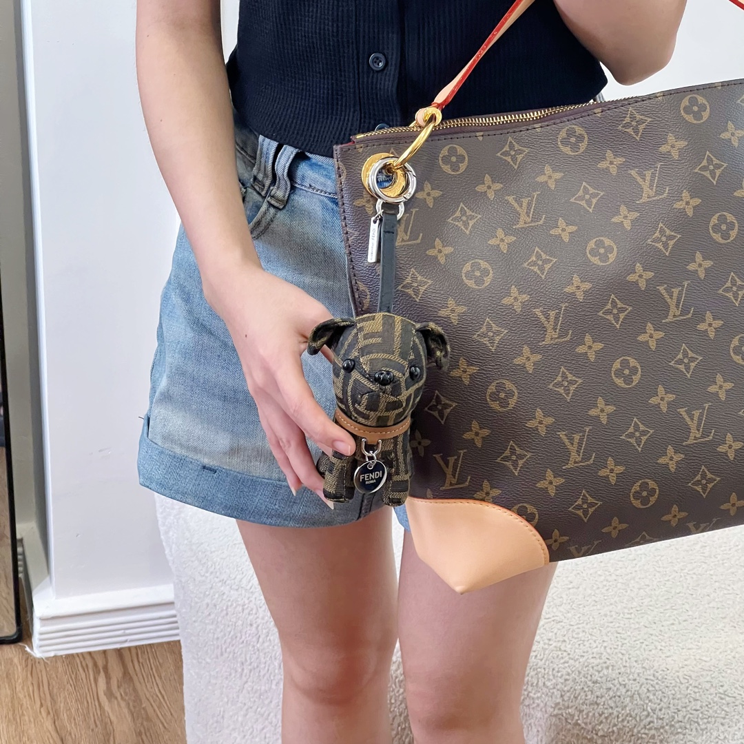 Fendi FF Monogram Puppy Bag Charm pendant Tobacco brown and black FF canvas tan leather collar silver-tone metal hardware black enamel eyes and nose 10cm charm with 5cm strap