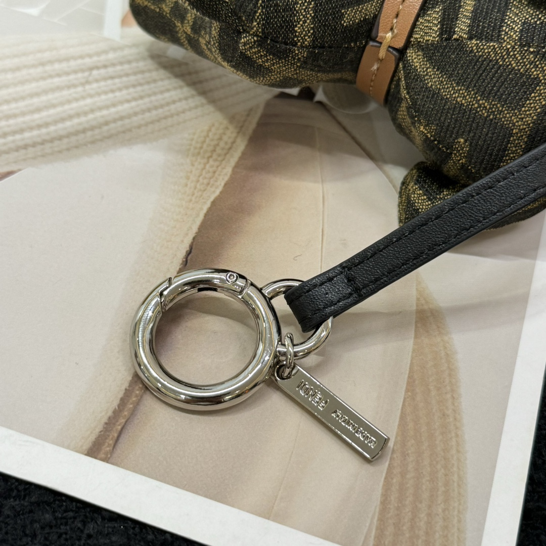 Fendi FF Monogram Puppy Bag Charm pendant Tobacco brown and black FF canvas tan leather collar silver-tone metal hardware black enamel eyes and nose 10cm charm with 5cm strap