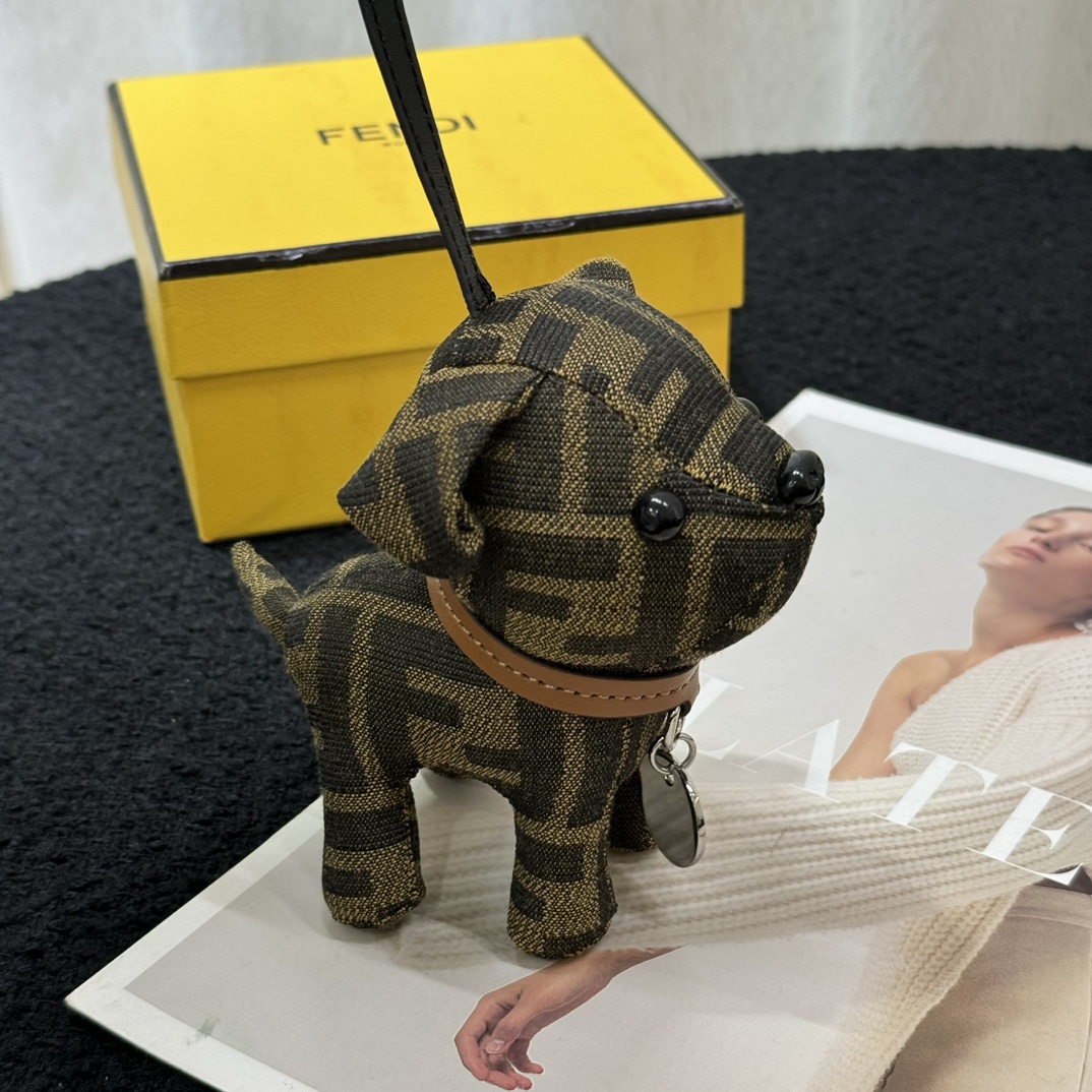 Fendi FF Monogram Puppy Bag Charm pendant Tobacco brown and black FF canvas tan leather collar silver-tone metal hardware black enamel eyes and nose 10cm charm with 5cm strap