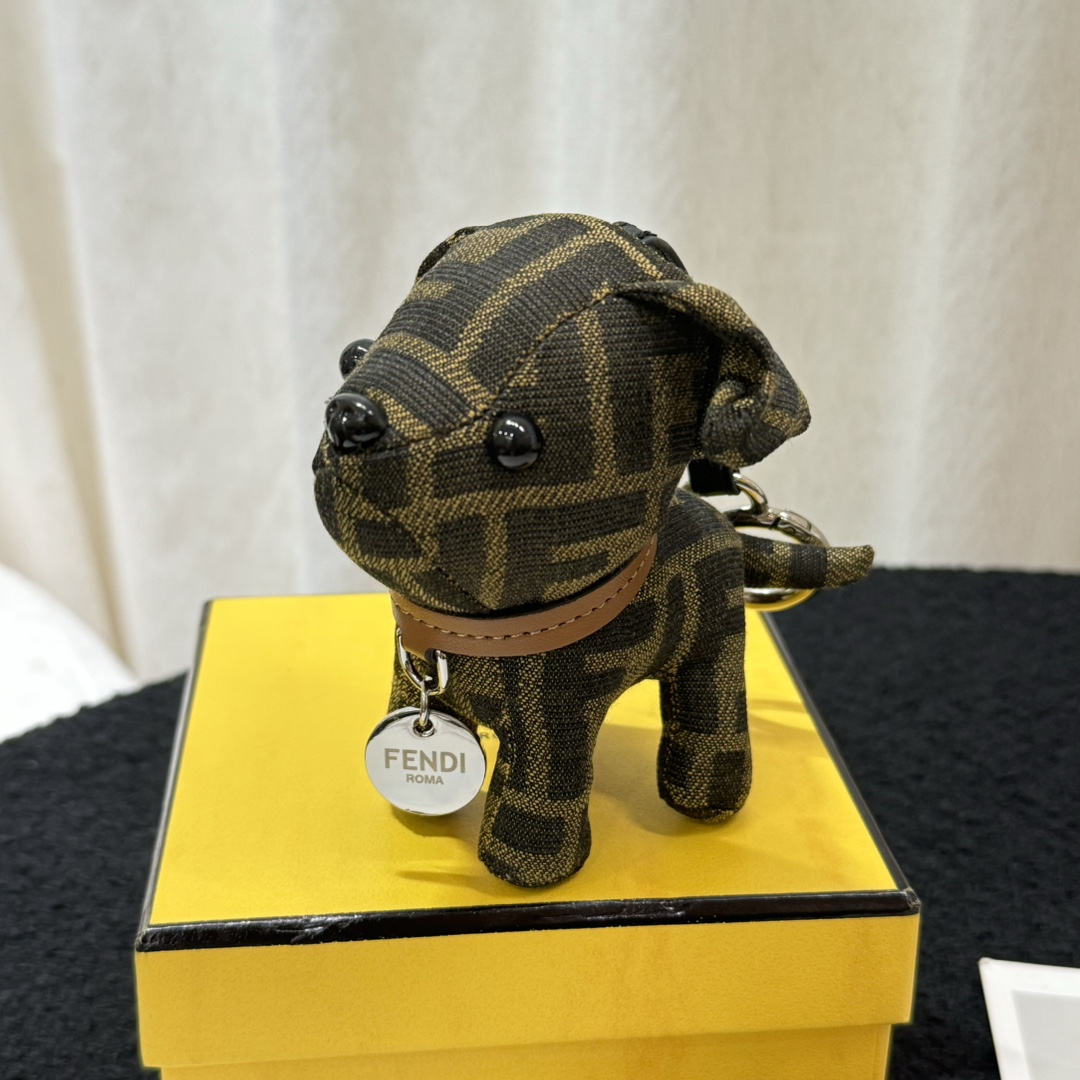 Fendi FF Monogram Puppy Bag Charm pendant Tobacco brown and black FF canvas tan leather collar silver-tone metal hardware black enamel eyes and nose 10cm charm with 5cm strap