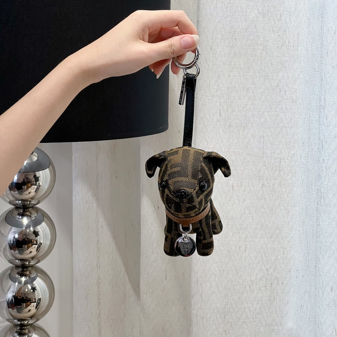Fendi FF Monogram Puppy Bag Charm pendant Tobacco brown and black FF canvas tan leather collar silver-tone metal hardware black enamel eyes and nose 10cm charm with 5cm strap