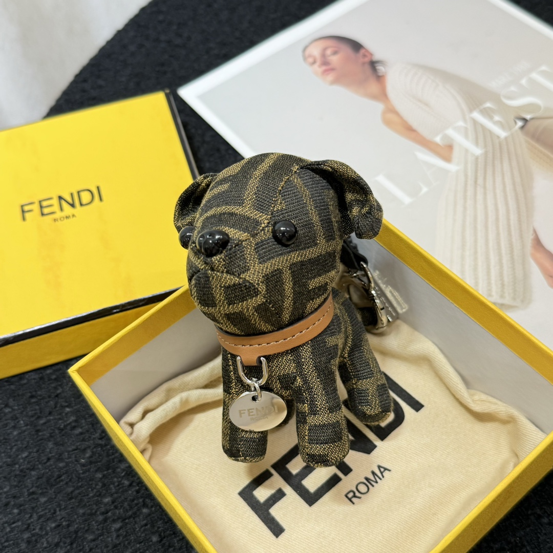 Fendi FF Monogram Puppy Bag Charm pendant Tobacco brown and black FF canvas tan leather collar silver-tone metal hardware black enamel eyes and nose 10cm charm with 5cm strap