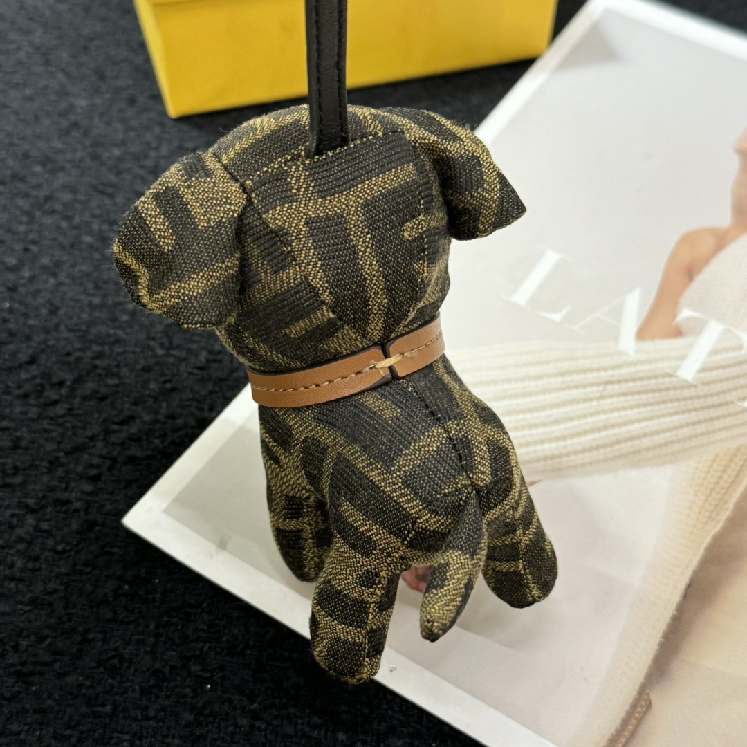 Fendi FF Monogram Puppy Bag Charm pendant Tobacco brown and black FF canvas tan leather collar silver-tone metal hardware black enamel eyes and nose 10cm charm with 5cm strap