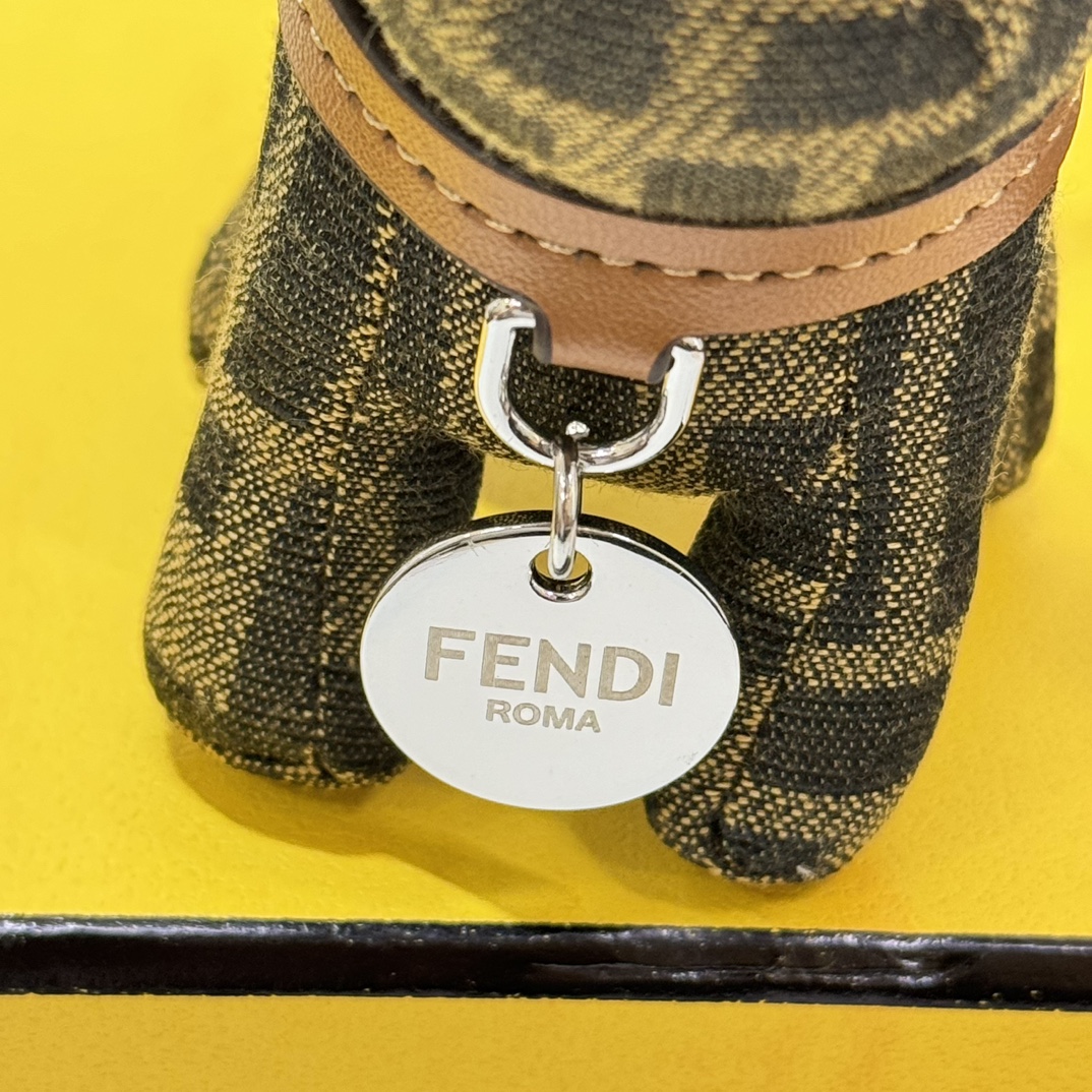 Fendi FF Monogram Puppy Bag Charm pendant Tobacco brown and black FF canvas tan leather collar silver-tone metal hardware black enamel eyes and nose 10cm charm with 5cm strap
