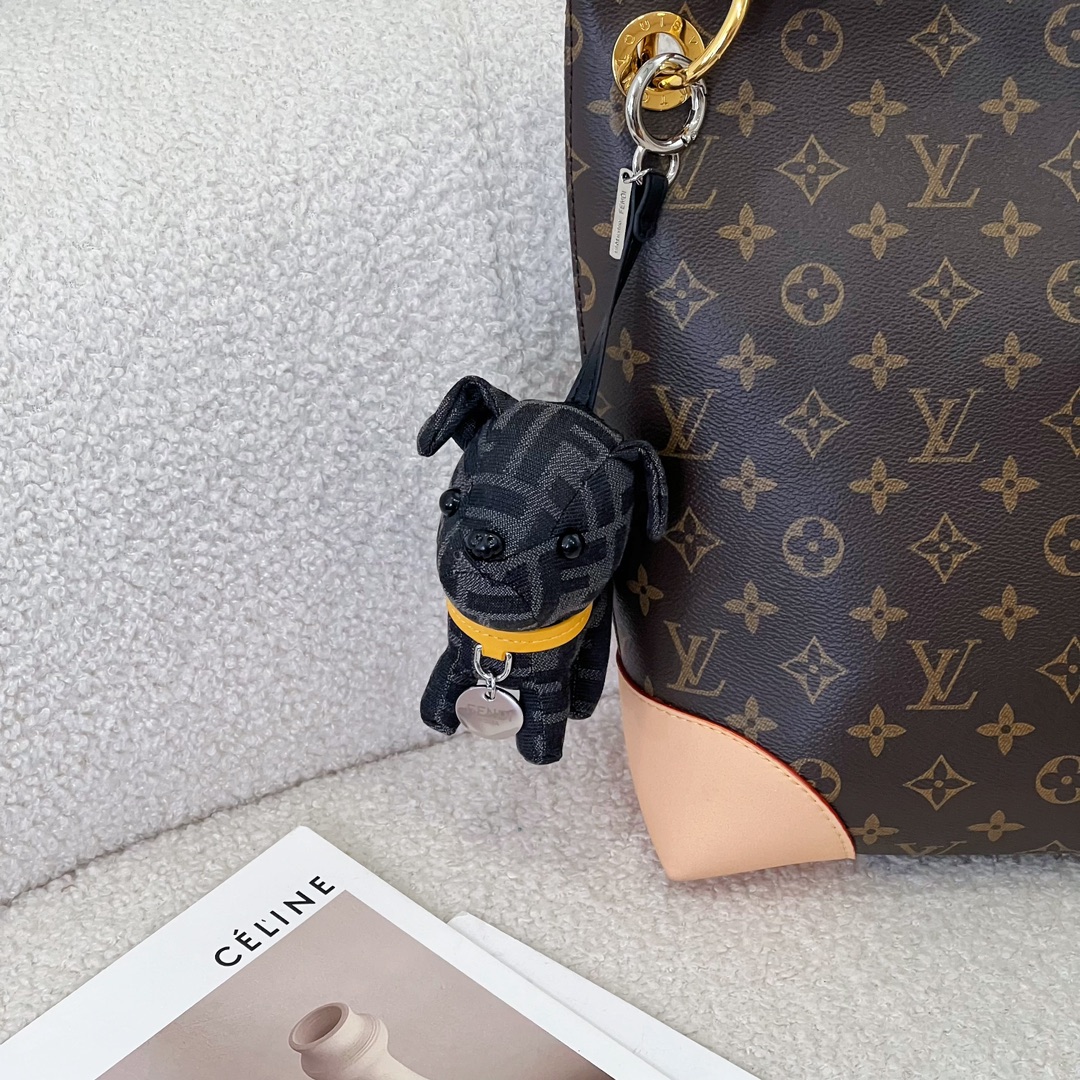 Fendi FF Monogram Dog Bag Charm pendant Black FF canvas yellow leather collar silver-tone metal hardware 10cm total length
