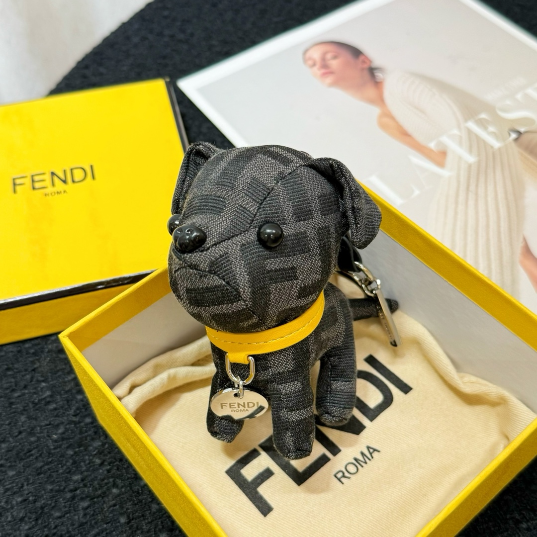 Fendi FF Monogram Dog Bag Charm pendant Black FF canvas yellow leather collar silver-tone metal hardware 10cm total length