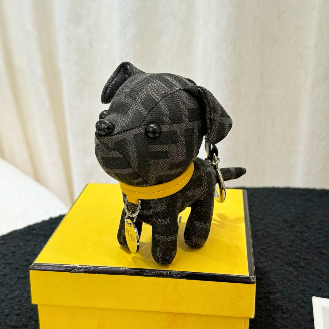 Fendi FF Monogram Dog Bag Charm pendant Black FF canvas yellow leather collar silver-tone metal hardware 10cm total length