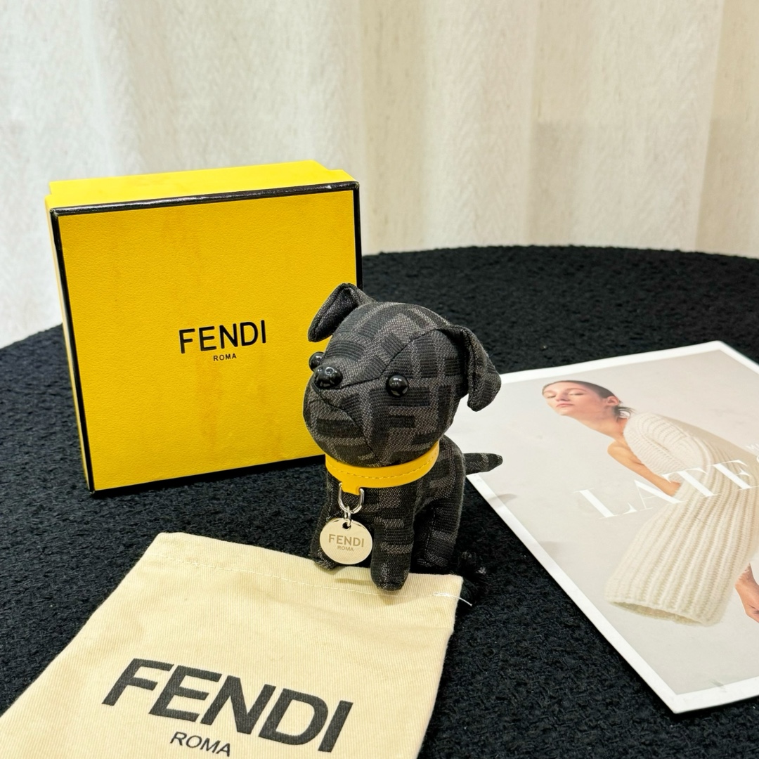 Fendi FF Monogram Dog Bag Charm pendant Black FF canvas yellow leather collar silver-tone metal hardware 10cm total length