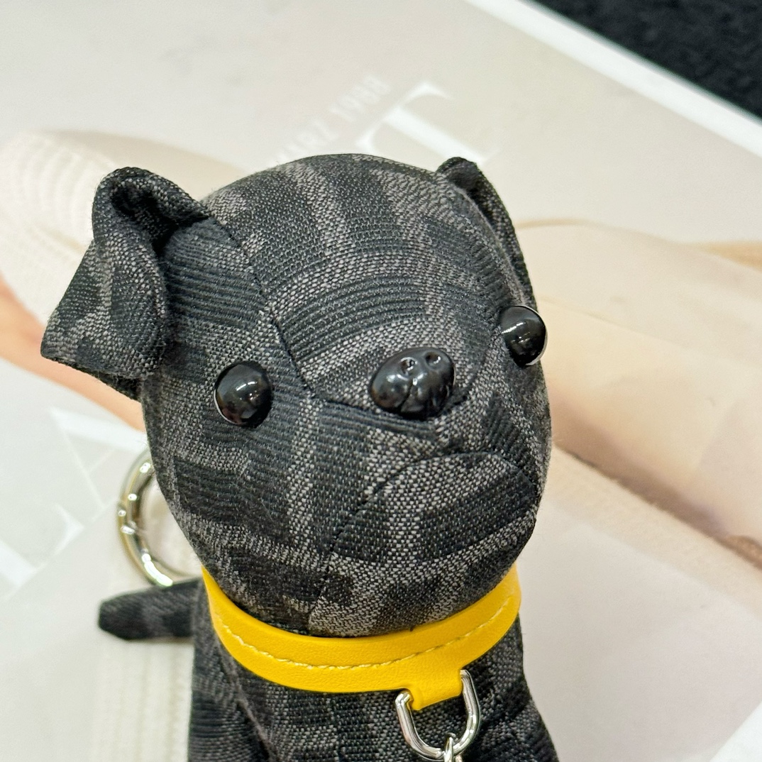Fendi FF Monogram Dog Bag Charm pendant Black FF canvas yellow leather collar silver-tone metal hardware 10cm total length