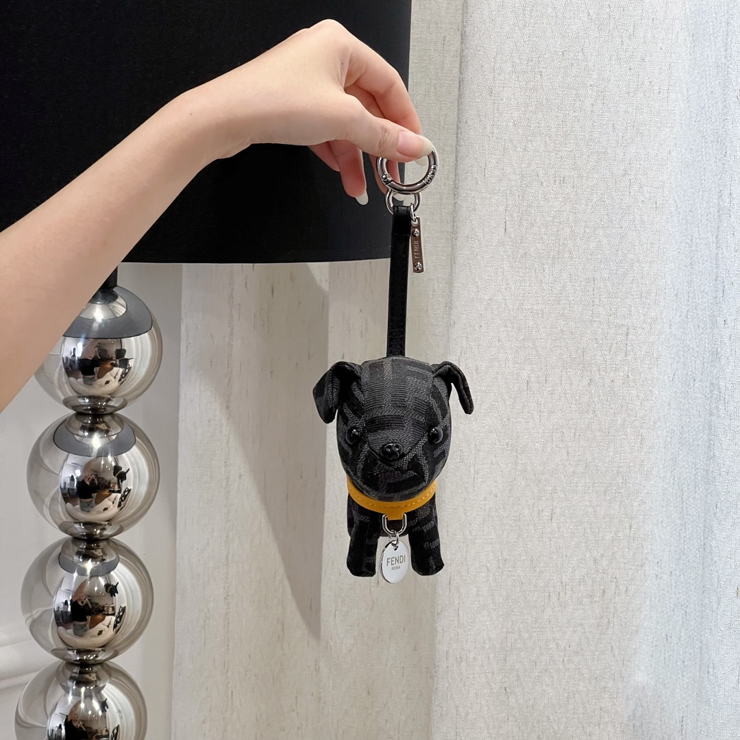 Fendi FF Monogram Dog Bag Charm pendant Black FF canvas yellow leather collar silver-tone metal hardware 10cm total length