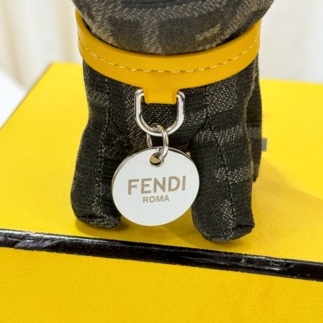 Fendi FF Monogram Dog Bag Charm pendant Black FF canvas yellow leather collar silver-tone metal hardware 10cm total length