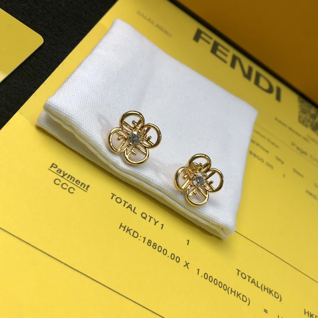 Fendi Fendi logo four-leaf clover earrings gold-tone metal with clear cubic zirconia 1 2cm diameter