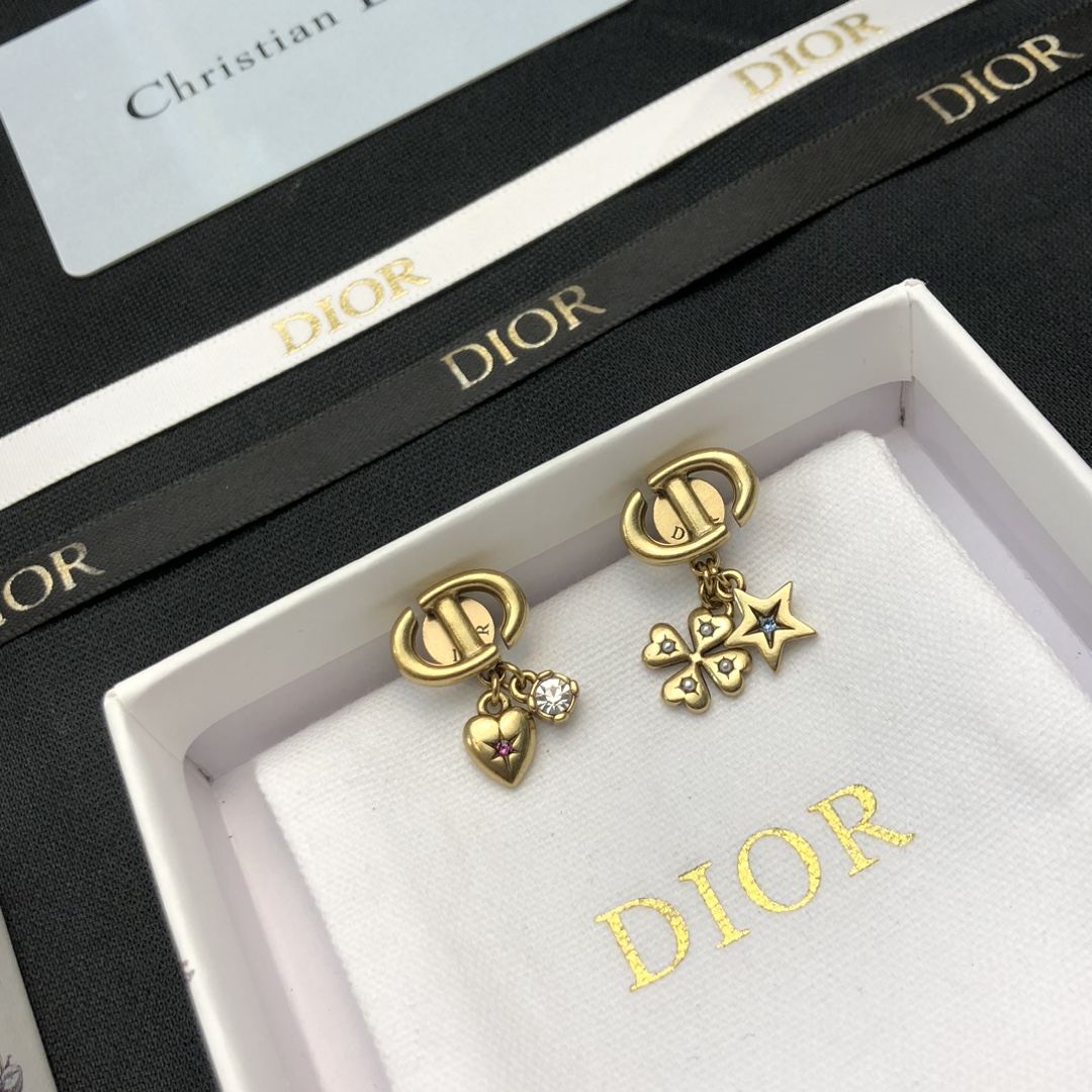 Dior Lucky Charms CD earrings Aged gold-tone metal with clear pink blue and clear crystal accents One Size