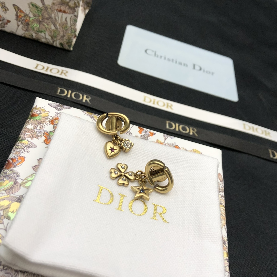 Dior Lucky Charms CD earrings Aged gold-tone metal with clear pink blue and clear crystal accents One Size